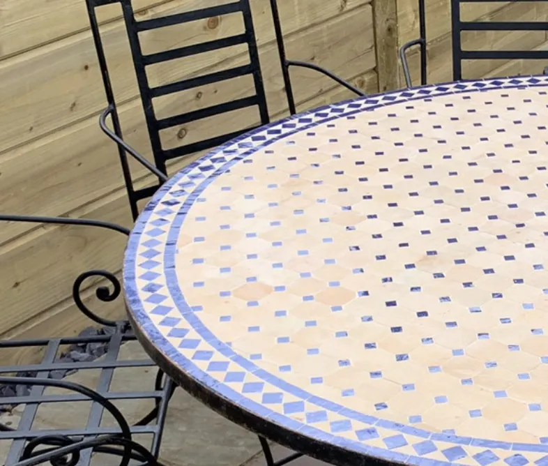 Tavole Calde 140cm Diam. Blue And Natural Mosaic Tiled Table, Iron Base, 2 Products. New But Unused Old Stock photo for sale