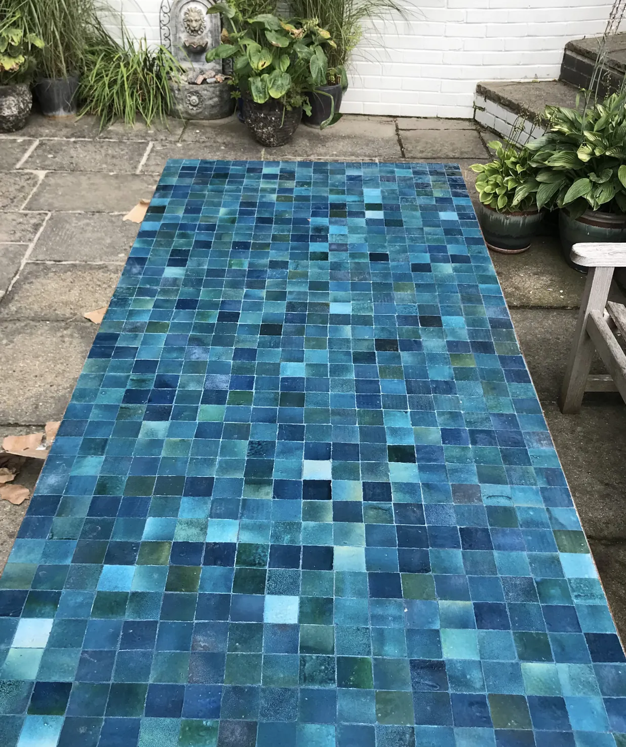 Tavole Calde 200cm Handmade Petrol Blue Mosaic Tiled Table   Iron Base, With 2 Products. New But Unused Old Stock photo Garden Furniture