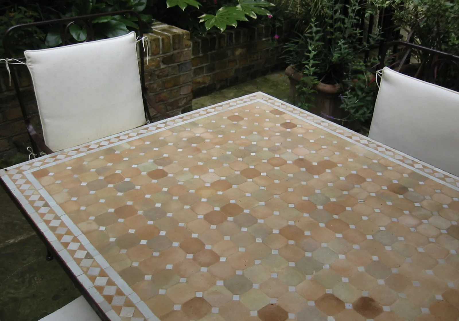 Tavole Calde 400cm Handmade White & Natural Mosaic Tiled Table ,  Iron Base, With 2 Products Owatrol Lithofin. New But Unused Old Stock photo furniture