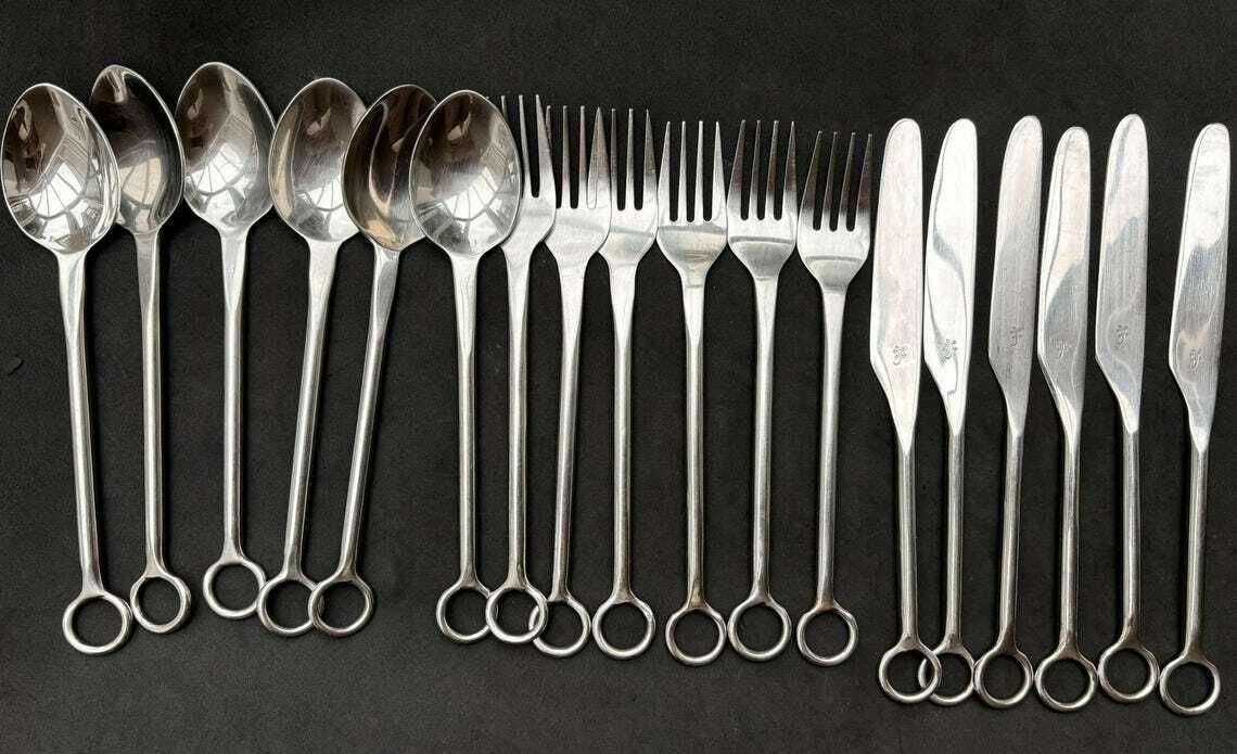 Stainless Steel Flatware Set 18 Pieces Cutlery Vintage Millenial Gift Medieval Style Metal Wedding Gift Table Decor Family Dishwasher photo furniture