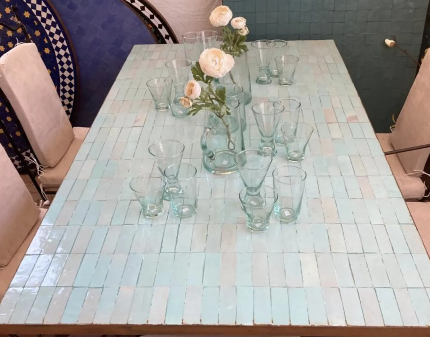 Tavole Calde 160cmx90cm Diam Z21 Venetian Aqua Green Design Mosaic Tiled Table And Low Iron Base With 2 Sealers. New But Unused Old Stock