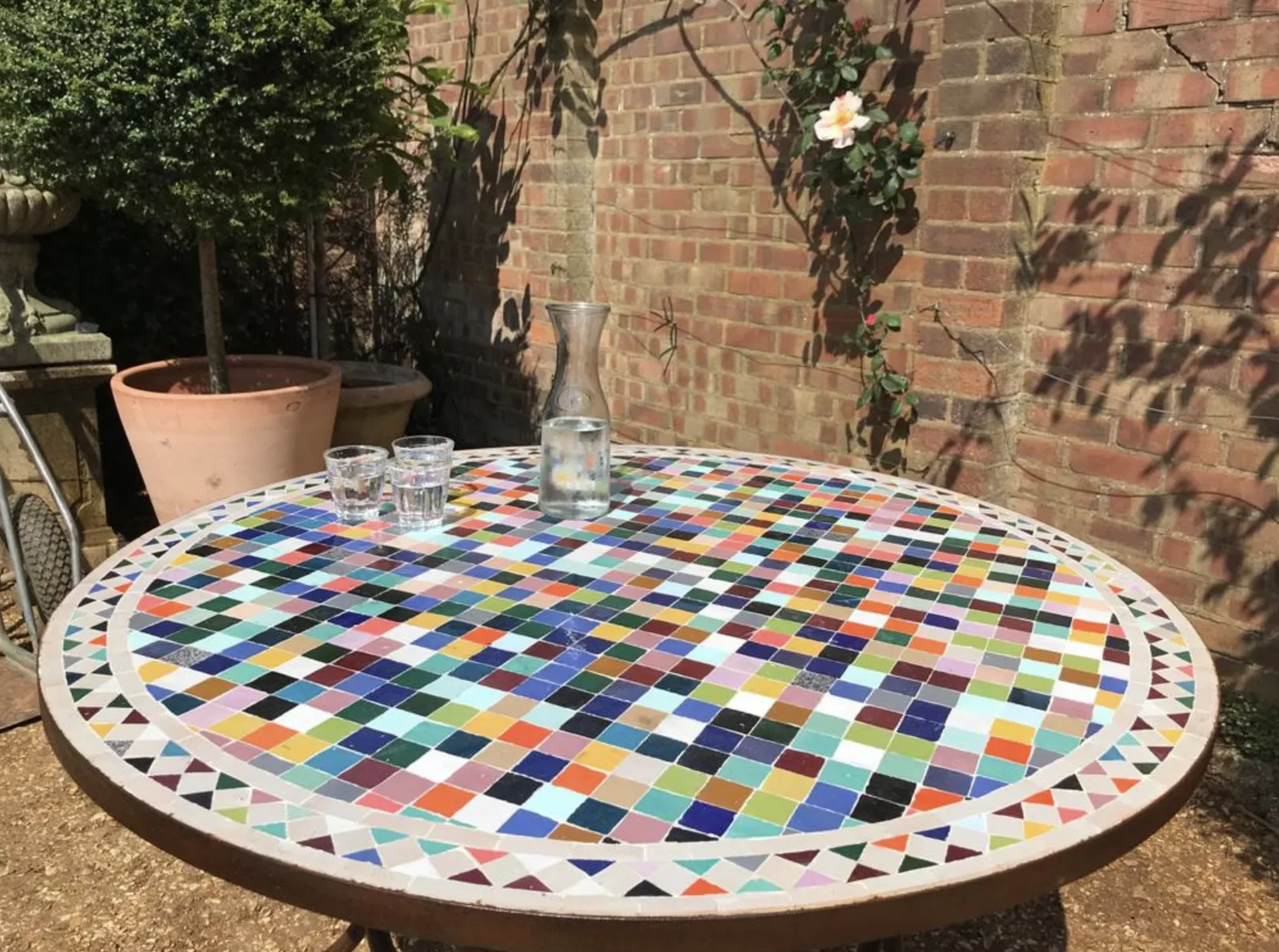 Tavole Calde 100cm Diam Tuttifrutti Design Tiled Mosaic Table, Iron Base With 2 Sealers. New But Unused Old Stock