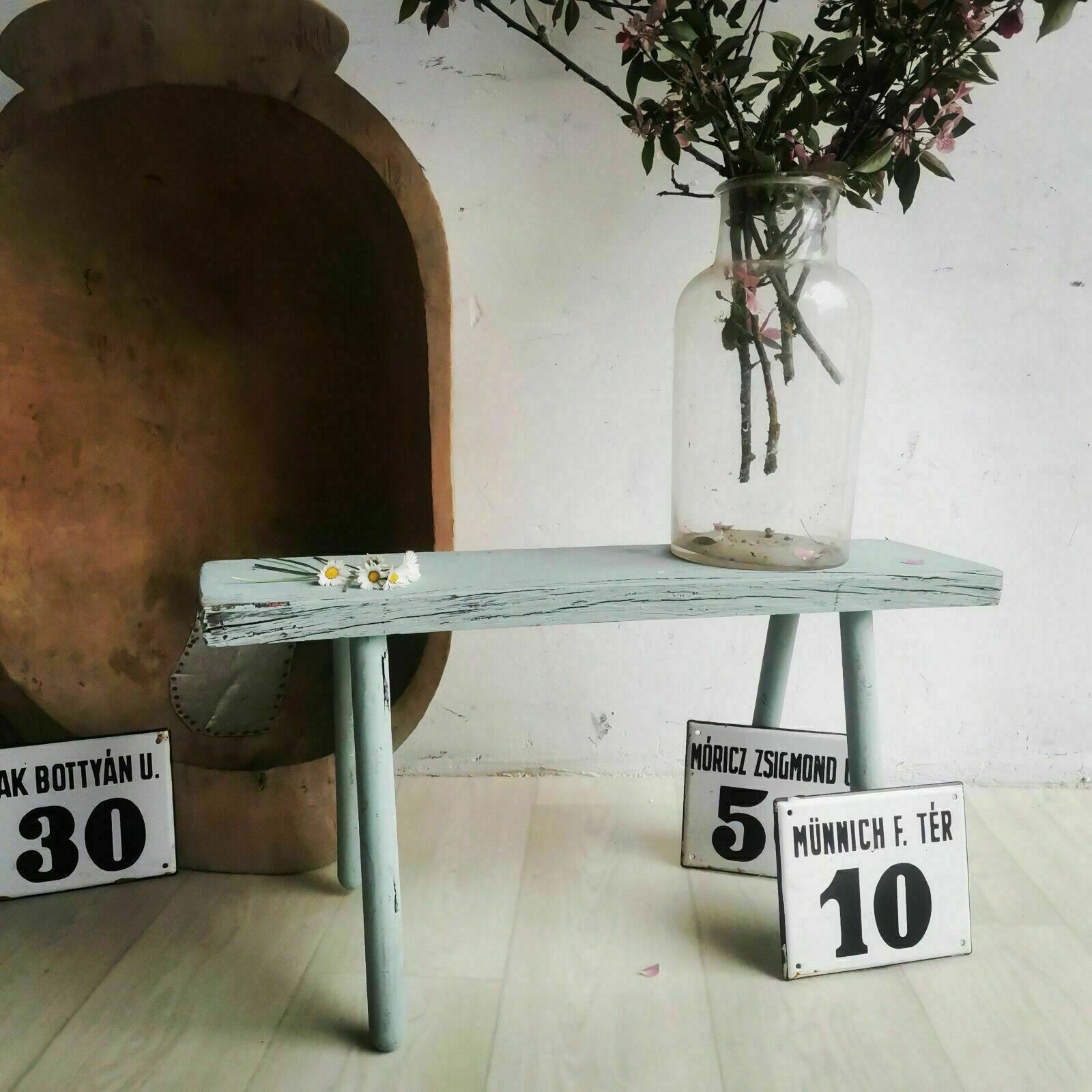 Antique Rustic Hand Carved Wooden Bench Or Small Table, Chippy French Paint Wood photo buy