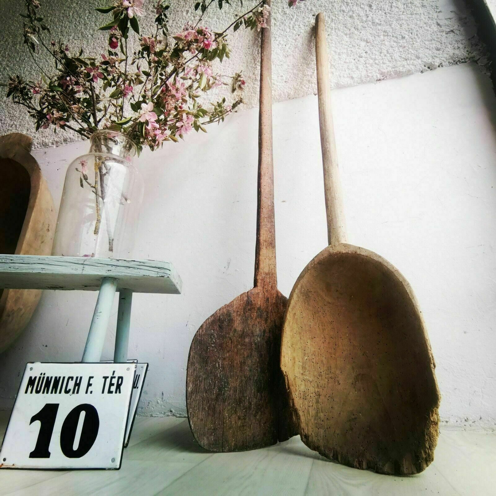 Set Of 2 Wooden Pizza Paddle And Dough Scoop Paddle Antique 1900s. Rustic Decor photo vinterior
