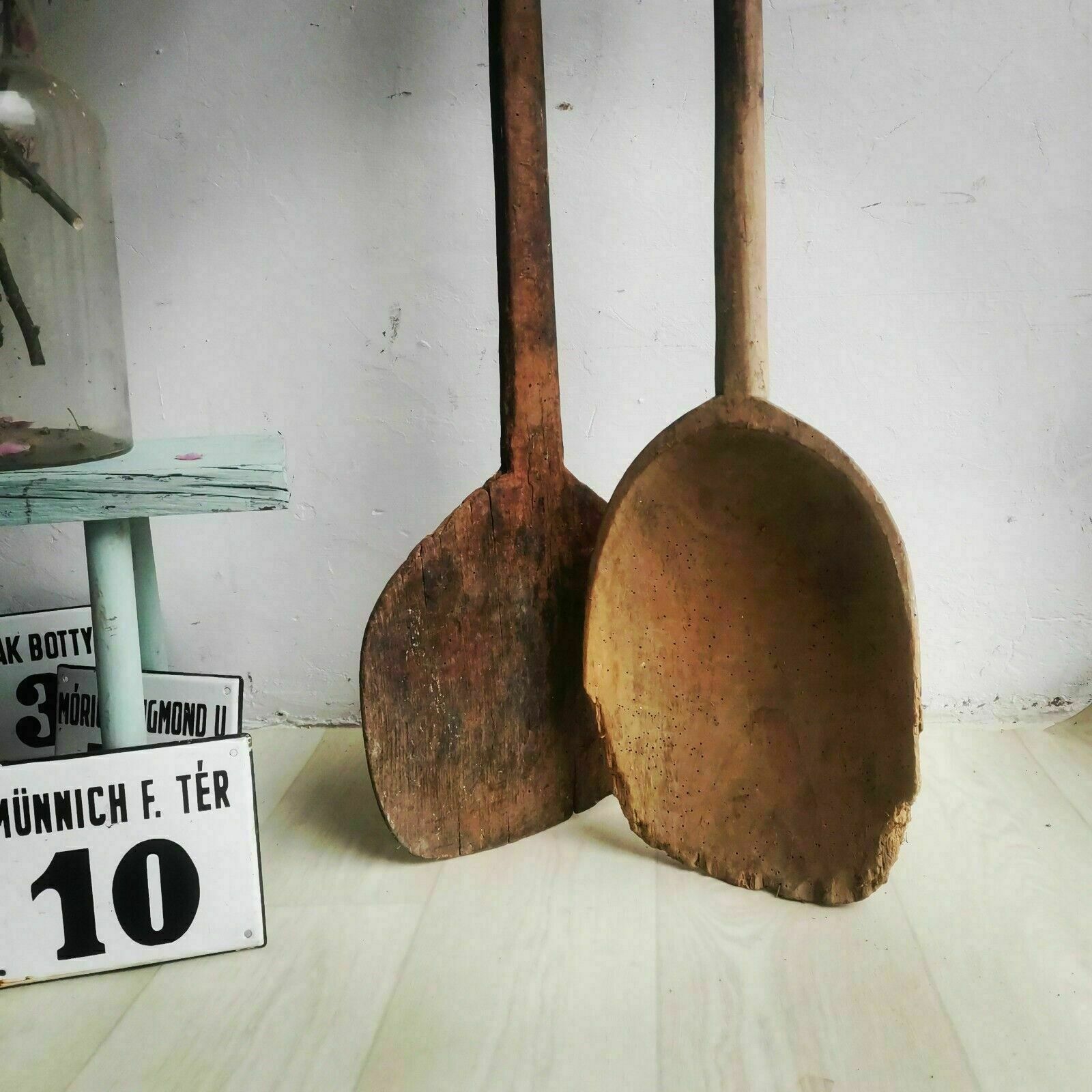 Set Of 2 Wooden Pizza Paddle And Dough Scoop Paddle Antique 1900s. Rustic Decor photo vintage