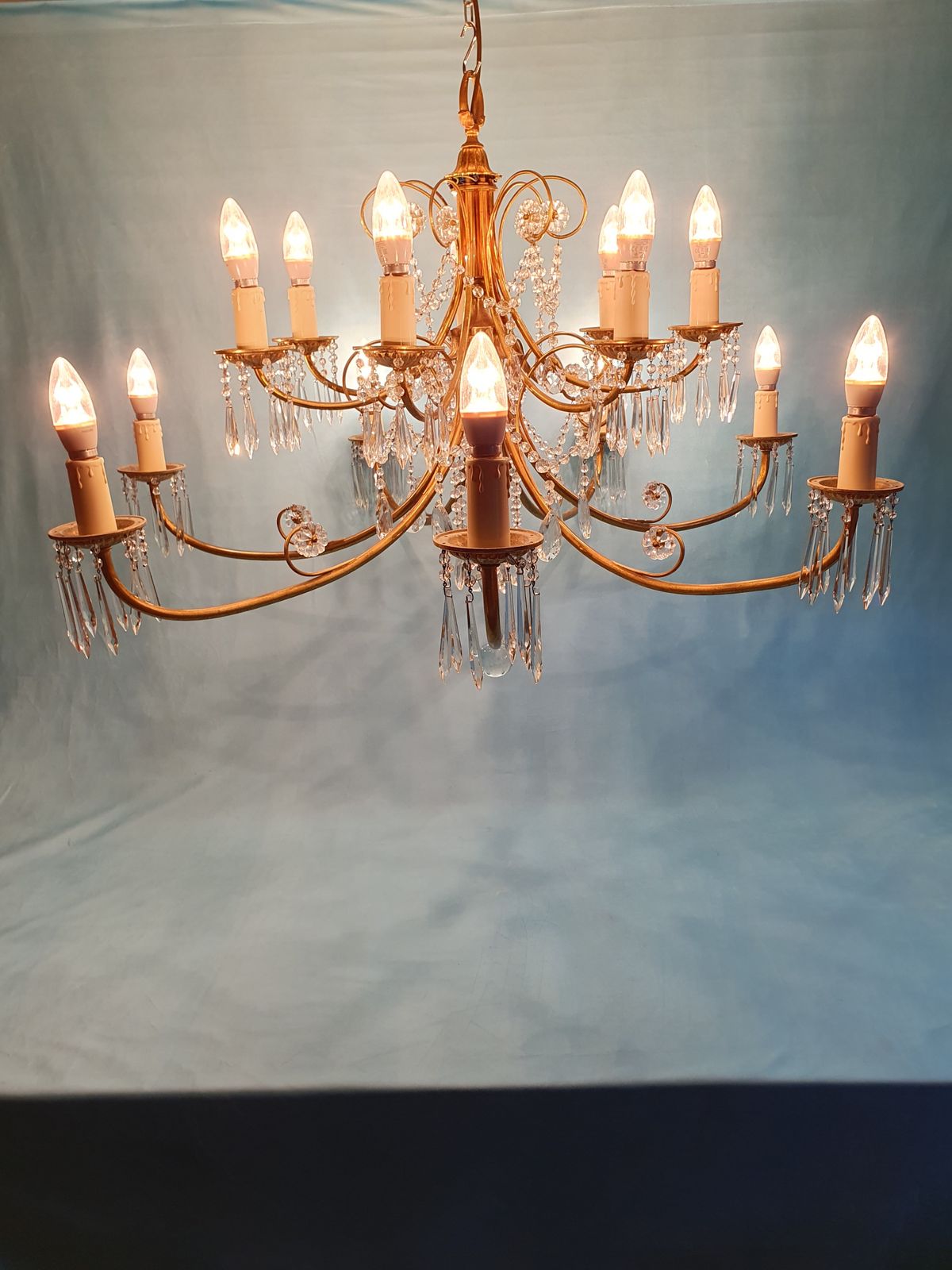Early 20th Century Pair Of Large Two Tier Chandeliers With Cut Glass Crystal 42" photo for sale