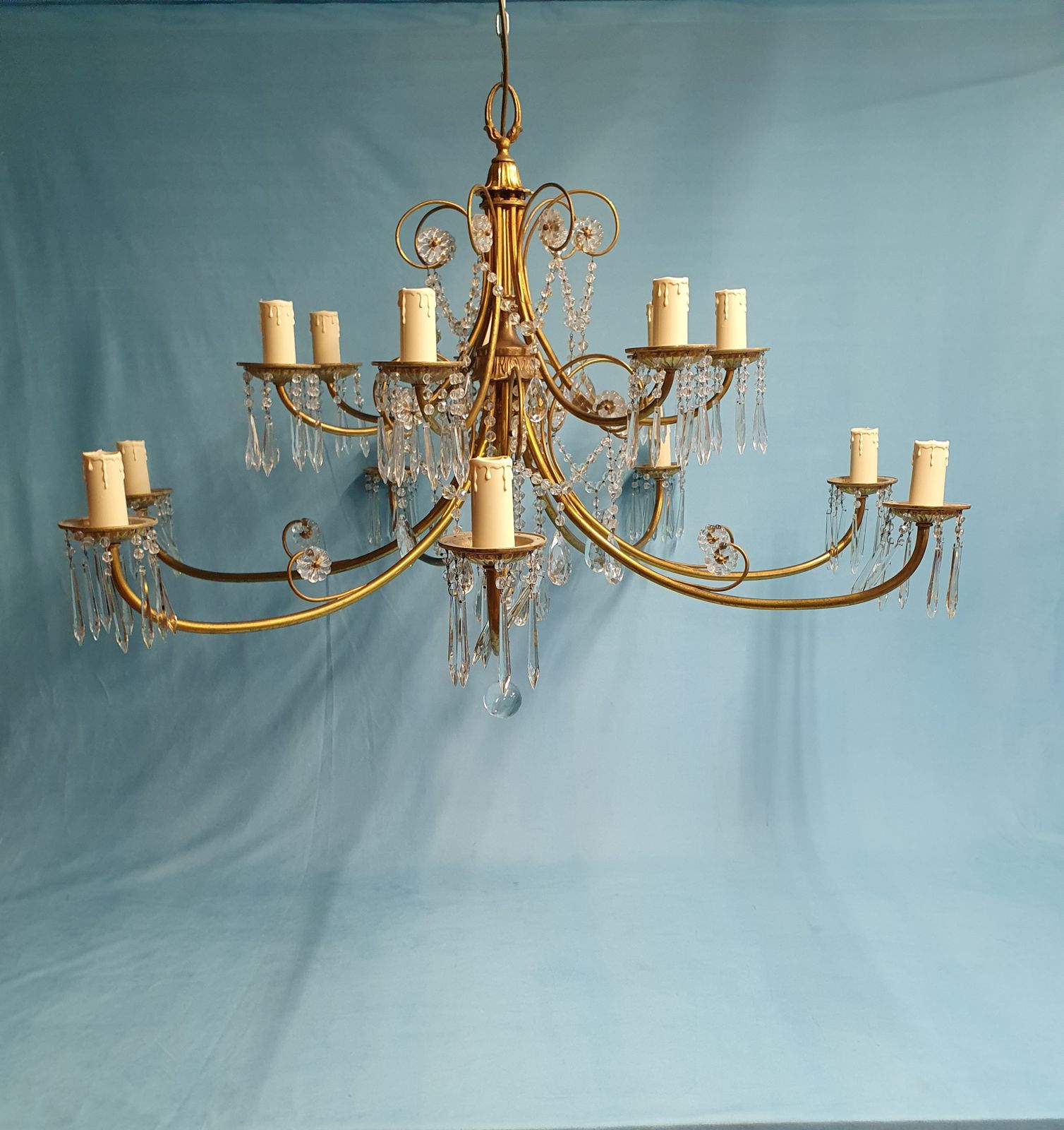 Early 20th Century Pair Of Large Two Tier Chandeliers With Cut Glass Crystal 42" photo vinterior
