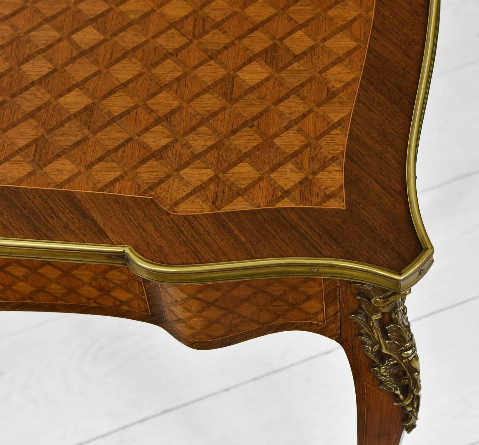French Kingwood Parquetry & Gilt Metal Serpentine Centre Side Table With Drawer. Circa 1910 photo furniture
