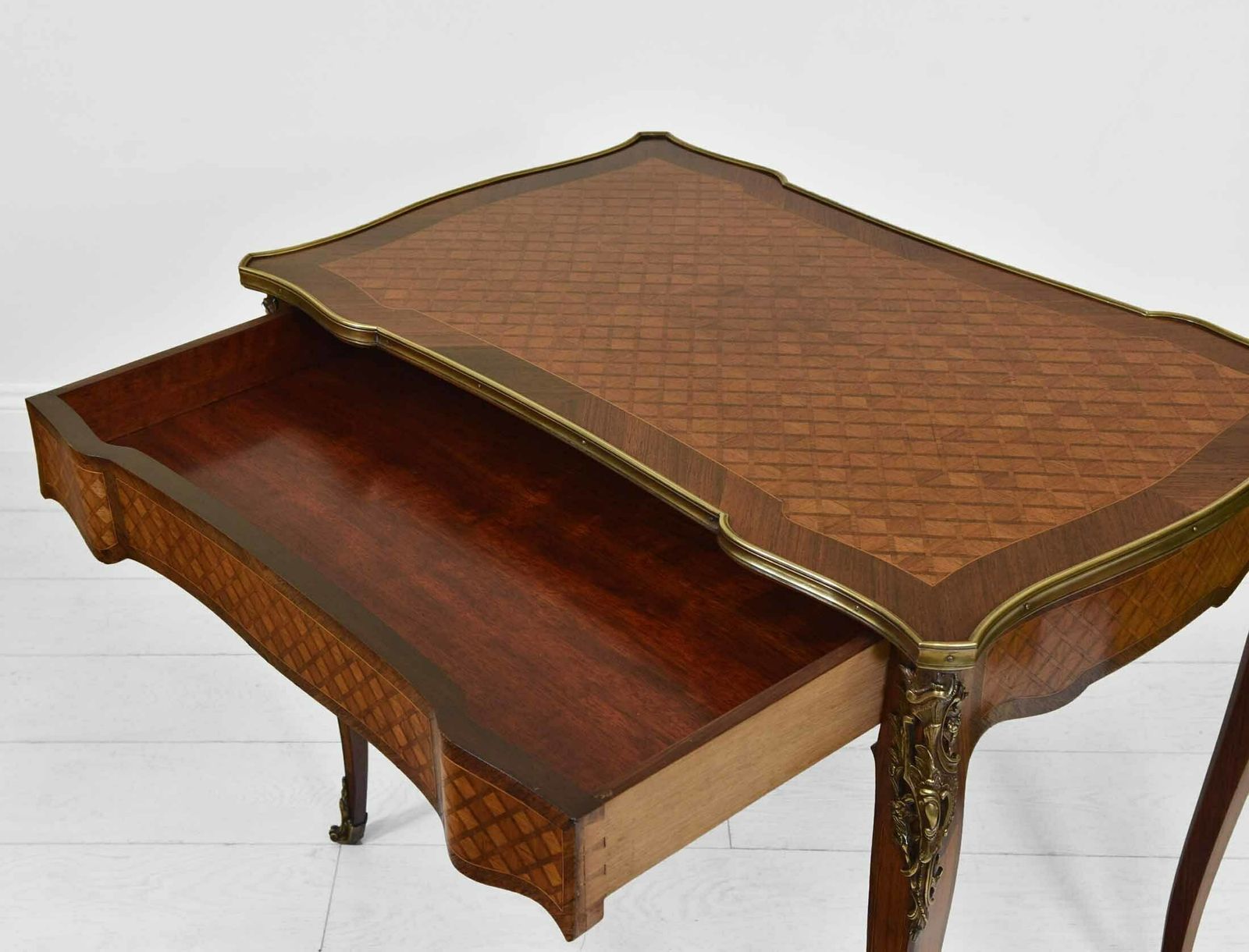 French Kingwood Parquetry & Gilt Metal Serpentine Centre Side Table With Drawer. Circa 1910 photo for sale