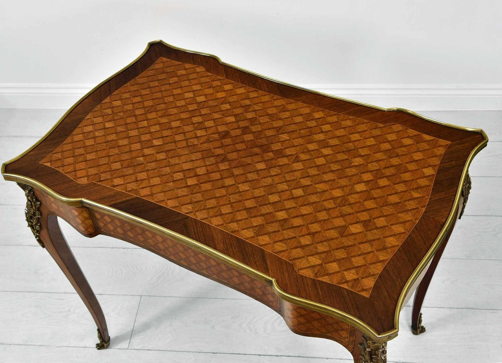 French Kingwood Parquetry & Gilt Metal Serpentine Centre Side Table With Drawer. Circa 1910 photo 1450.0