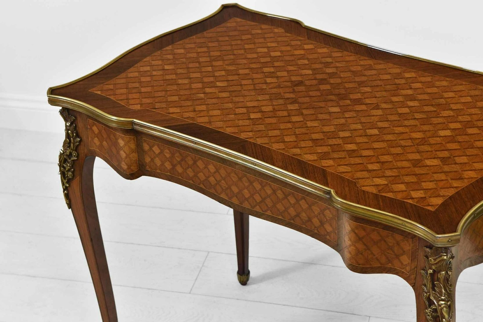 French Kingwood Parquetry & Gilt Metal Serpentine Centre Side Table With Drawer. Circa 1910 photo vintage