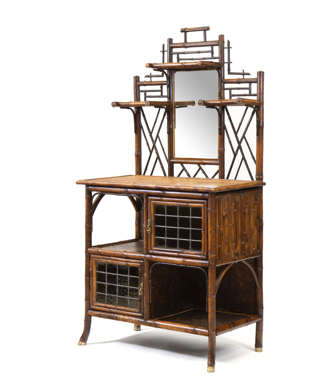 Superb Late 19th Century Bamboo Etagere Leaded Stained Glass Cabinet
