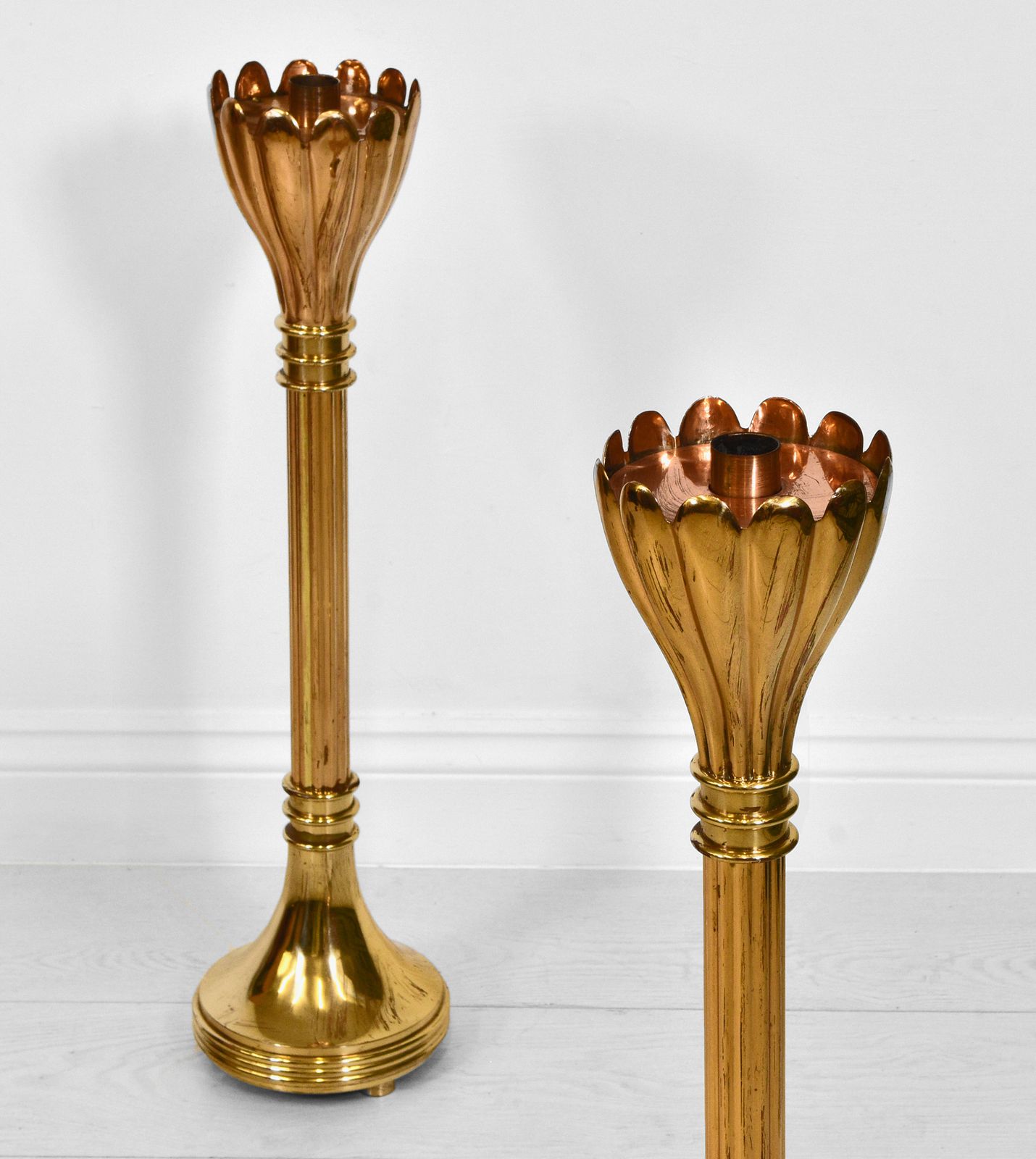 Pair Of Brass Floor Standing Candle Stands With Flared Scalloped Uppers B