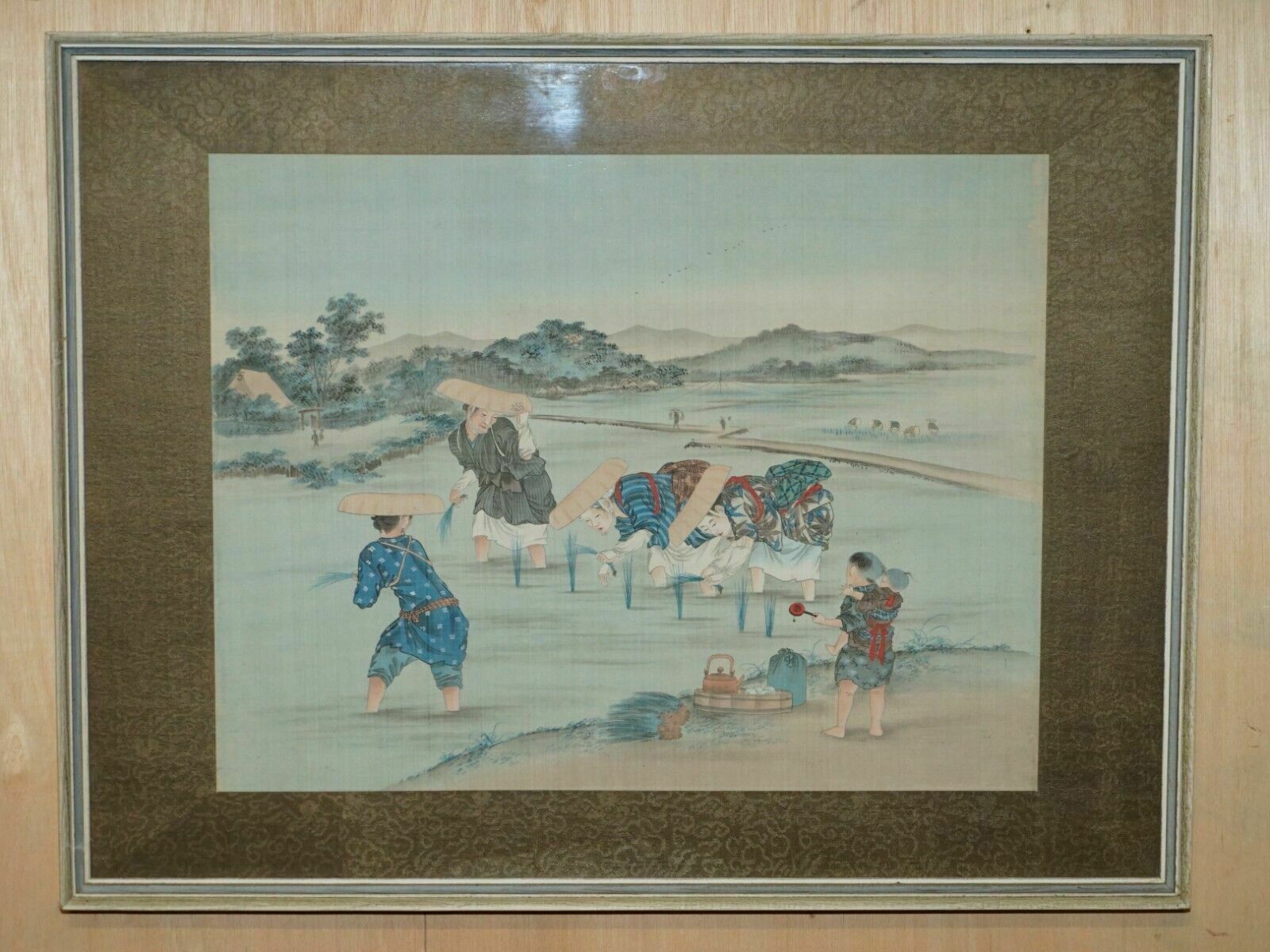 Antique Japanese Cir 1920's Woodblock Triptych Watercolour Print Of Rice Pickers