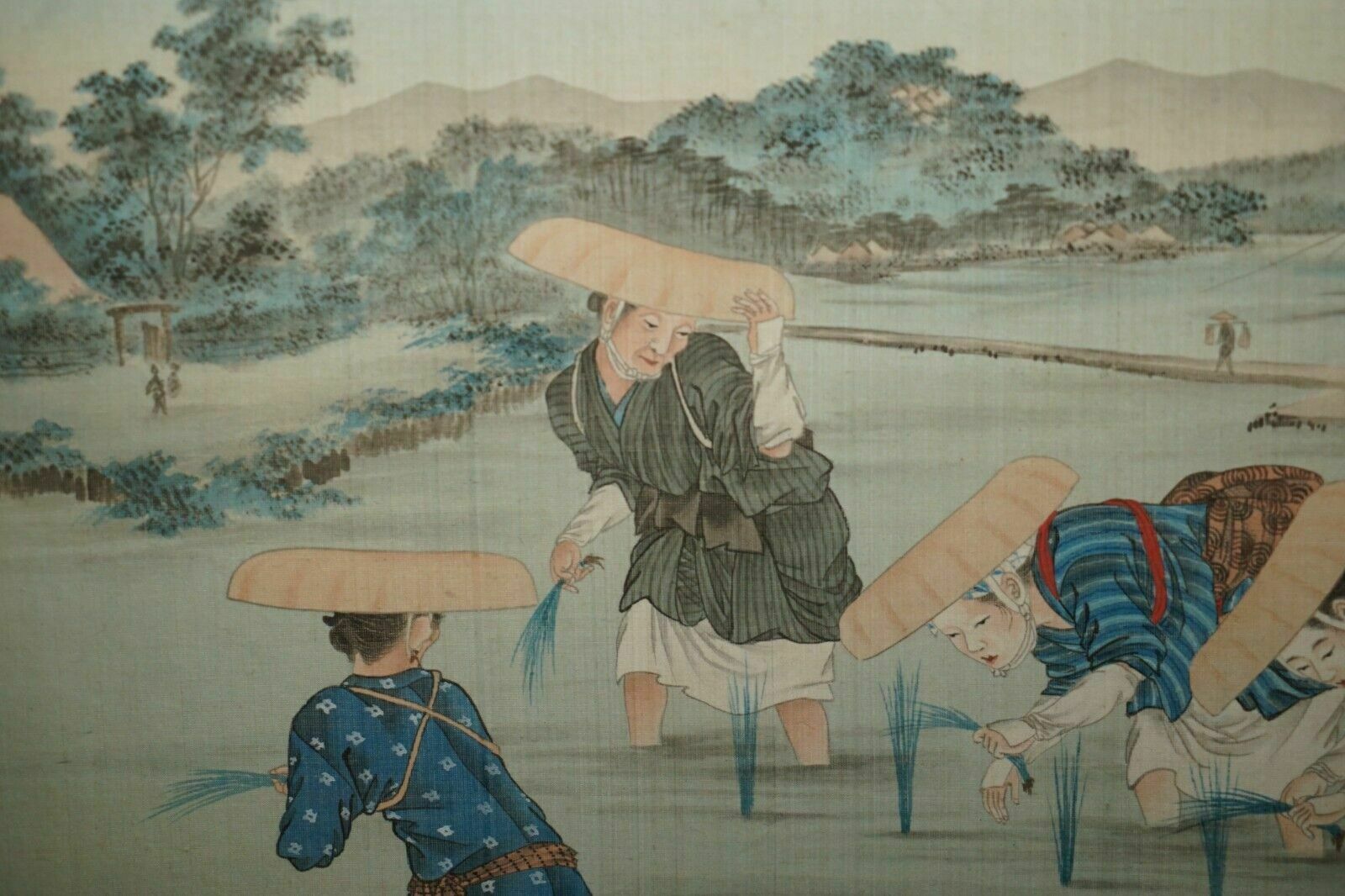Antique Japanese Cir 1920's Woodblock Triptych Watercolour Print Of Rice Pickers photo 295.0