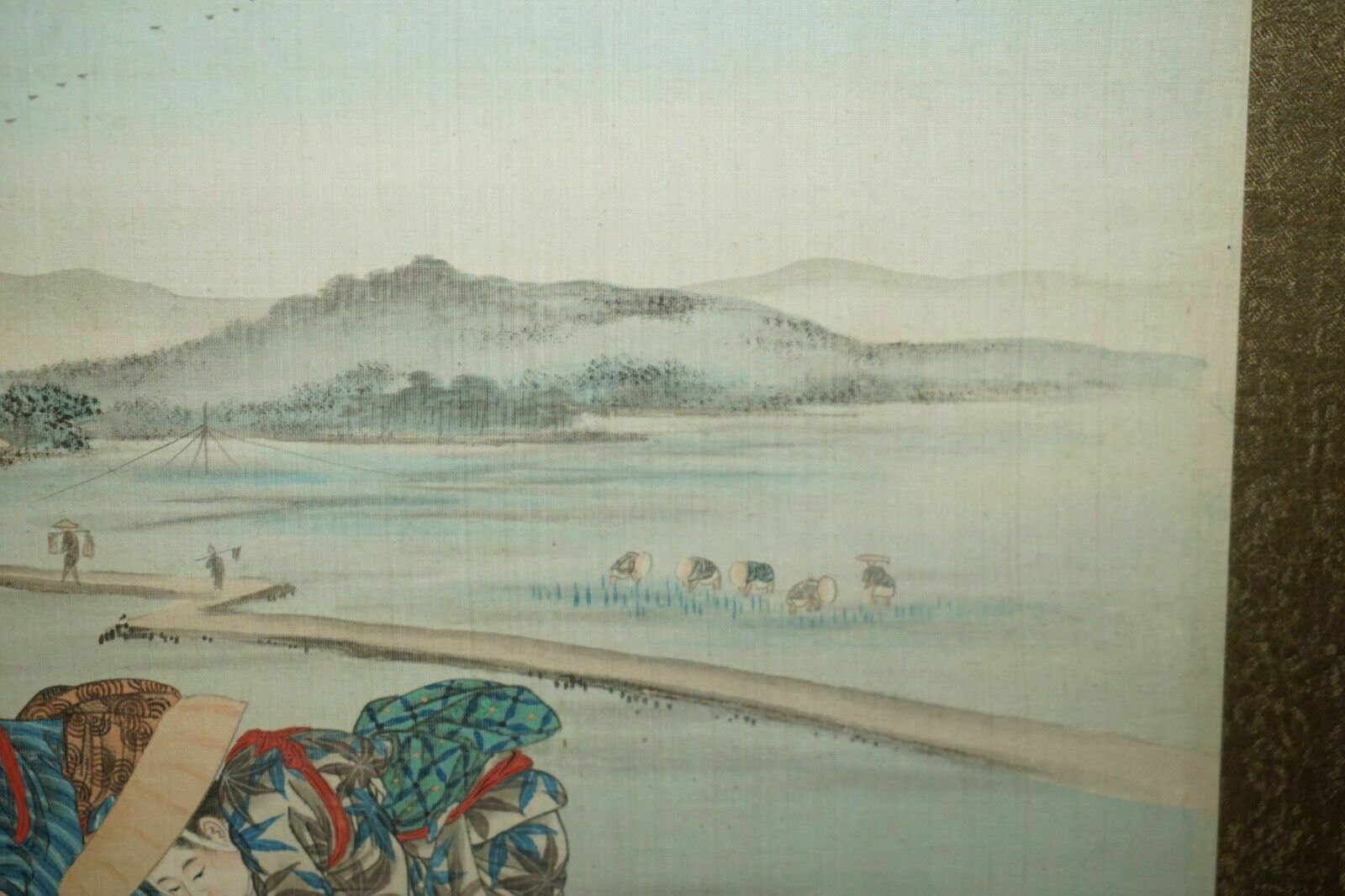 Antique Japanese Cir 1920's Woodblock Triptych Watercolour Print Of Rice Pickers photo vintage