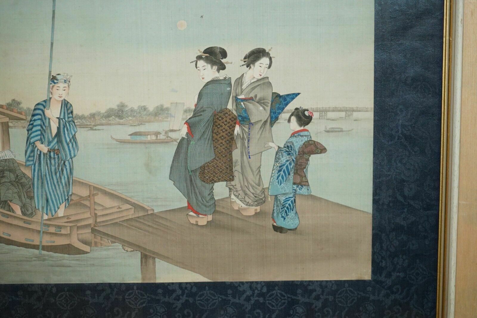 Japanese 1920 Woodblock Triptych Watercolour Print Of Geisha Girls Boaring Boat photo for sale