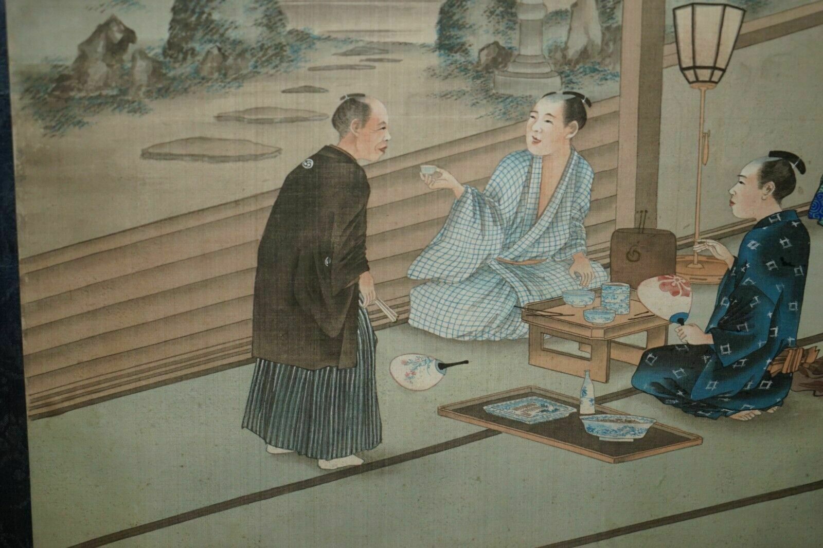 Japanese Cir 1920 Woodblock Triptych Watercolour Print Of Geisha Girl & Nobles photo for sale