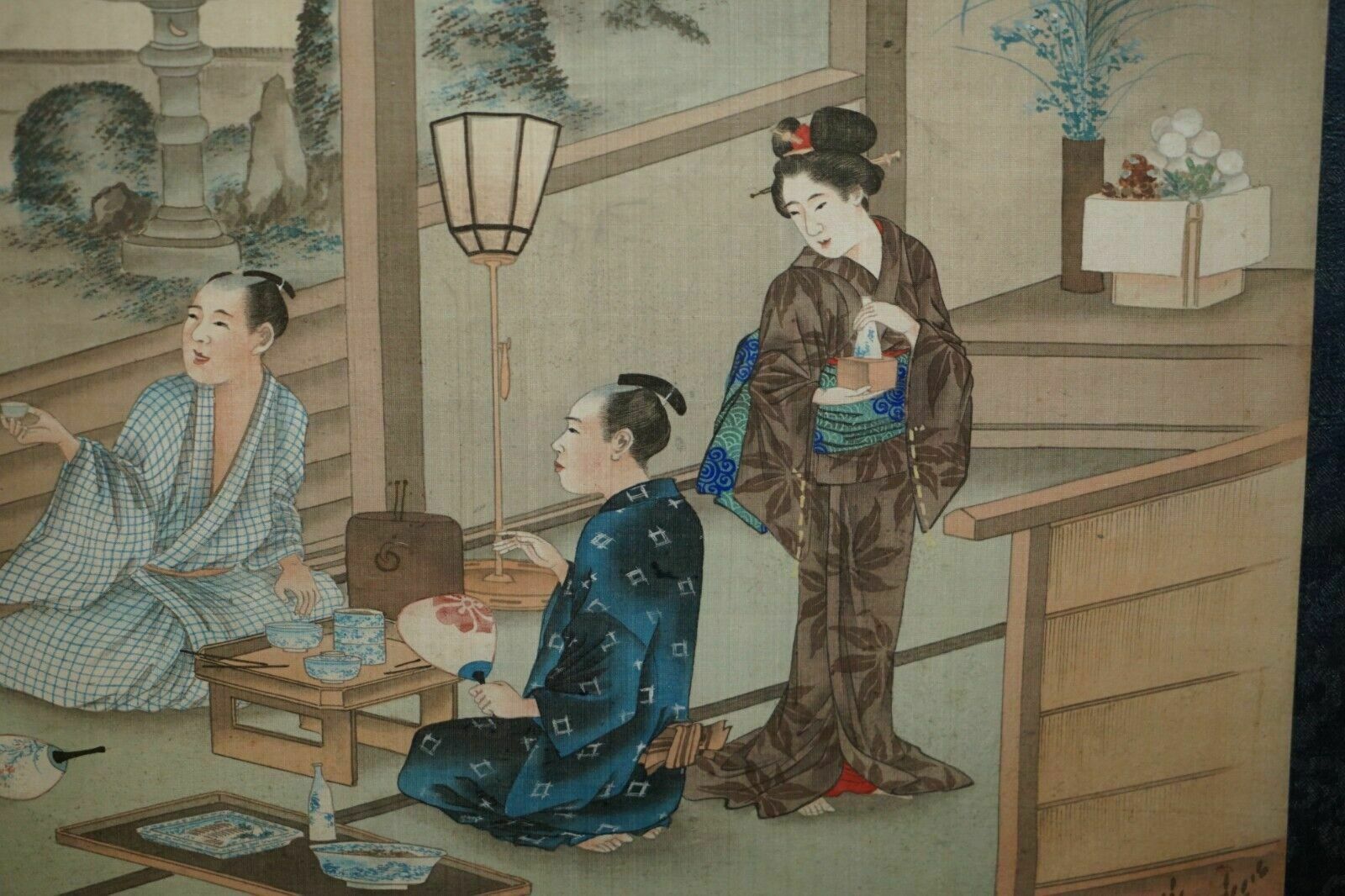 Japanese Cir 1920 Woodblock Triptych Watercolour Print Of Geisha Girl & Nobles photo Art