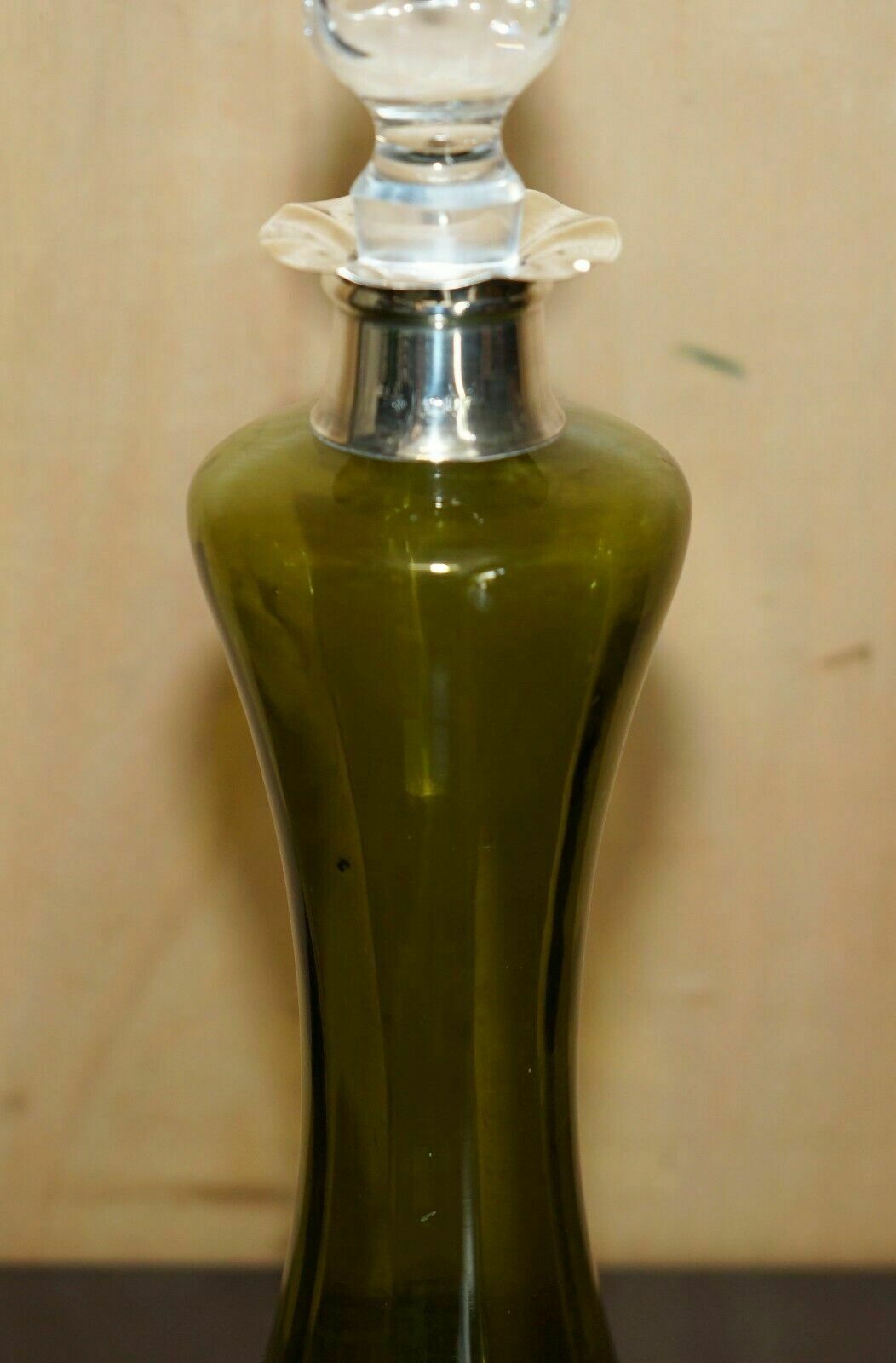 William Hutton Antique Green Wine Port Spirit Decanter Sterling Silver Collar photo for sale