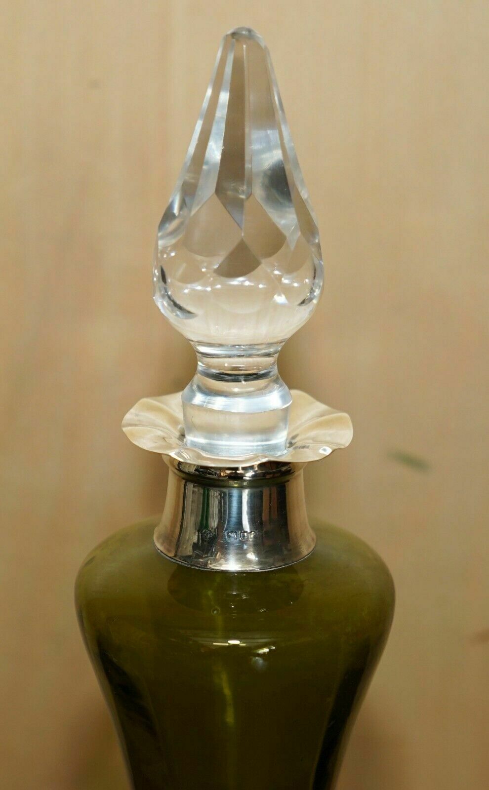 William Hutton Antique Green Wine Port Spirit Decanter Sterling Silver Collar photo 1500.0