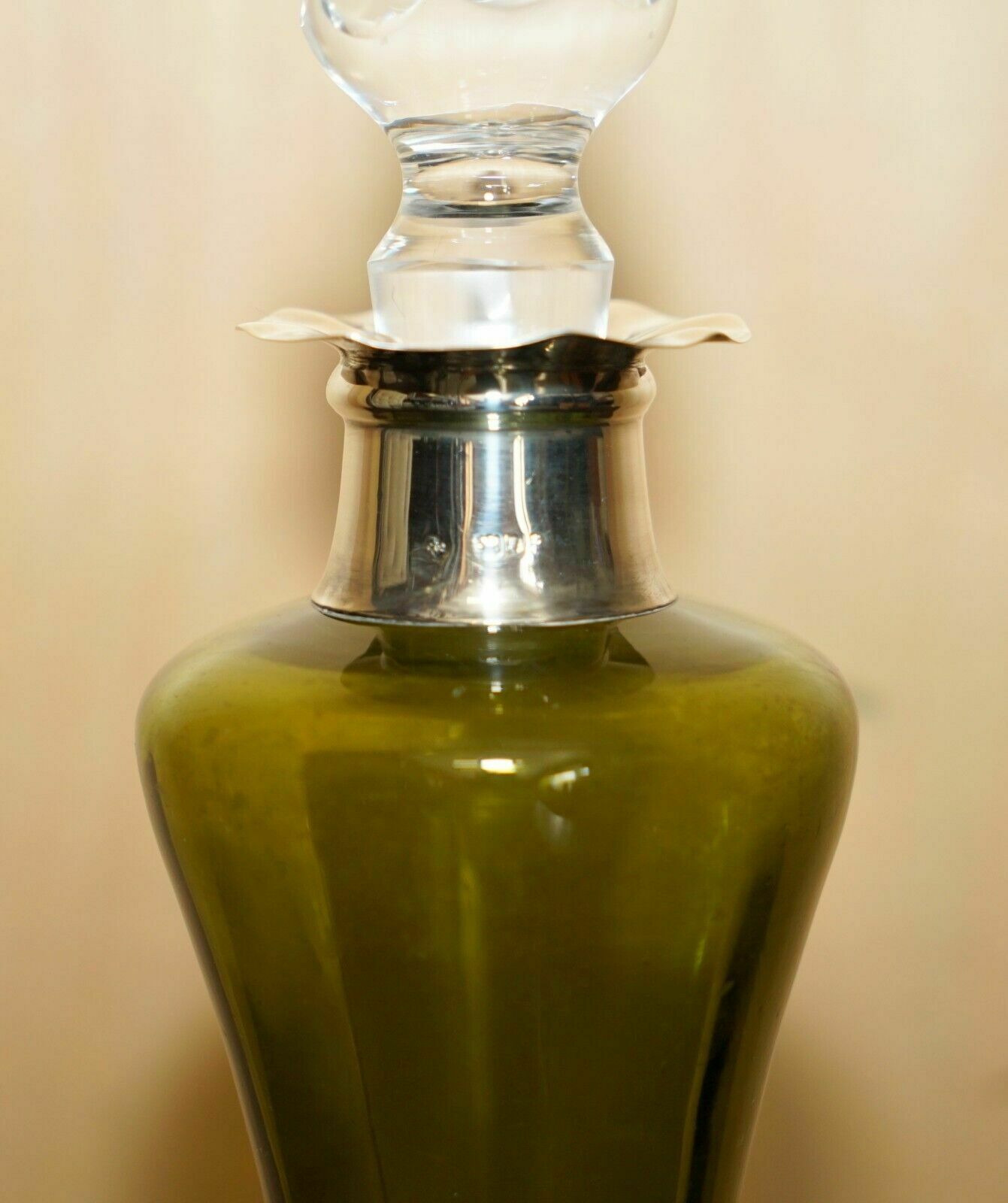 William Hutton Antique Green Wine Port Spirit Decanter Sterling Silver Collar photo vinterior