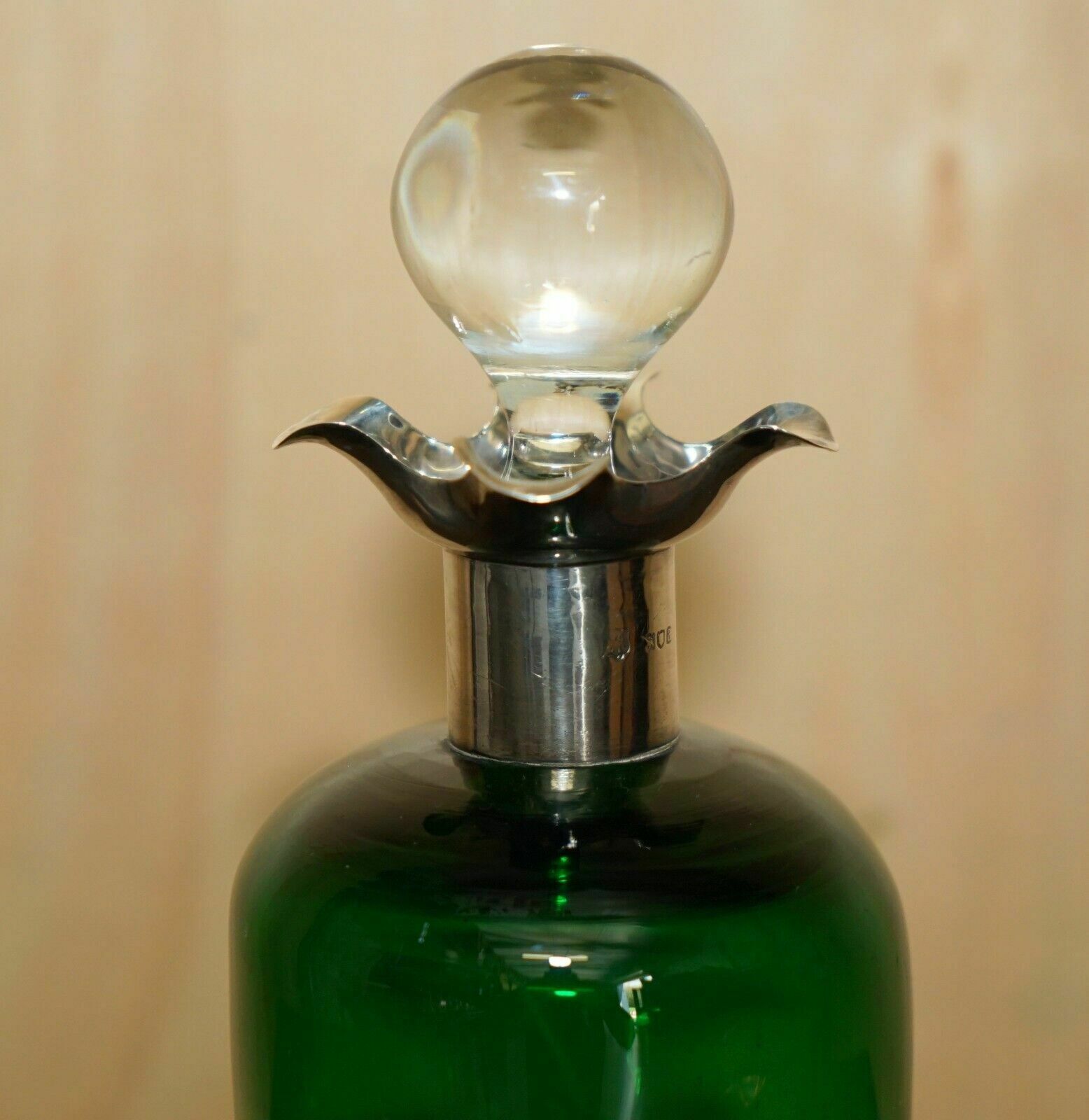Home Decor 1896 Gibson  & Lawrence Antique Green Wine Port Decanter Sterling Silver Collar photo