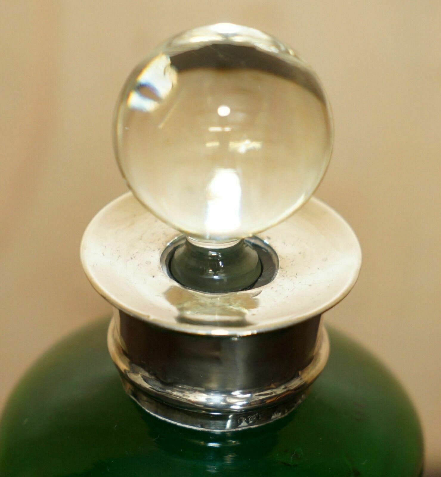 photo for sale Fine 1904 Antique Green Wine Port Spirit Decanter With Sterling Silver Collar