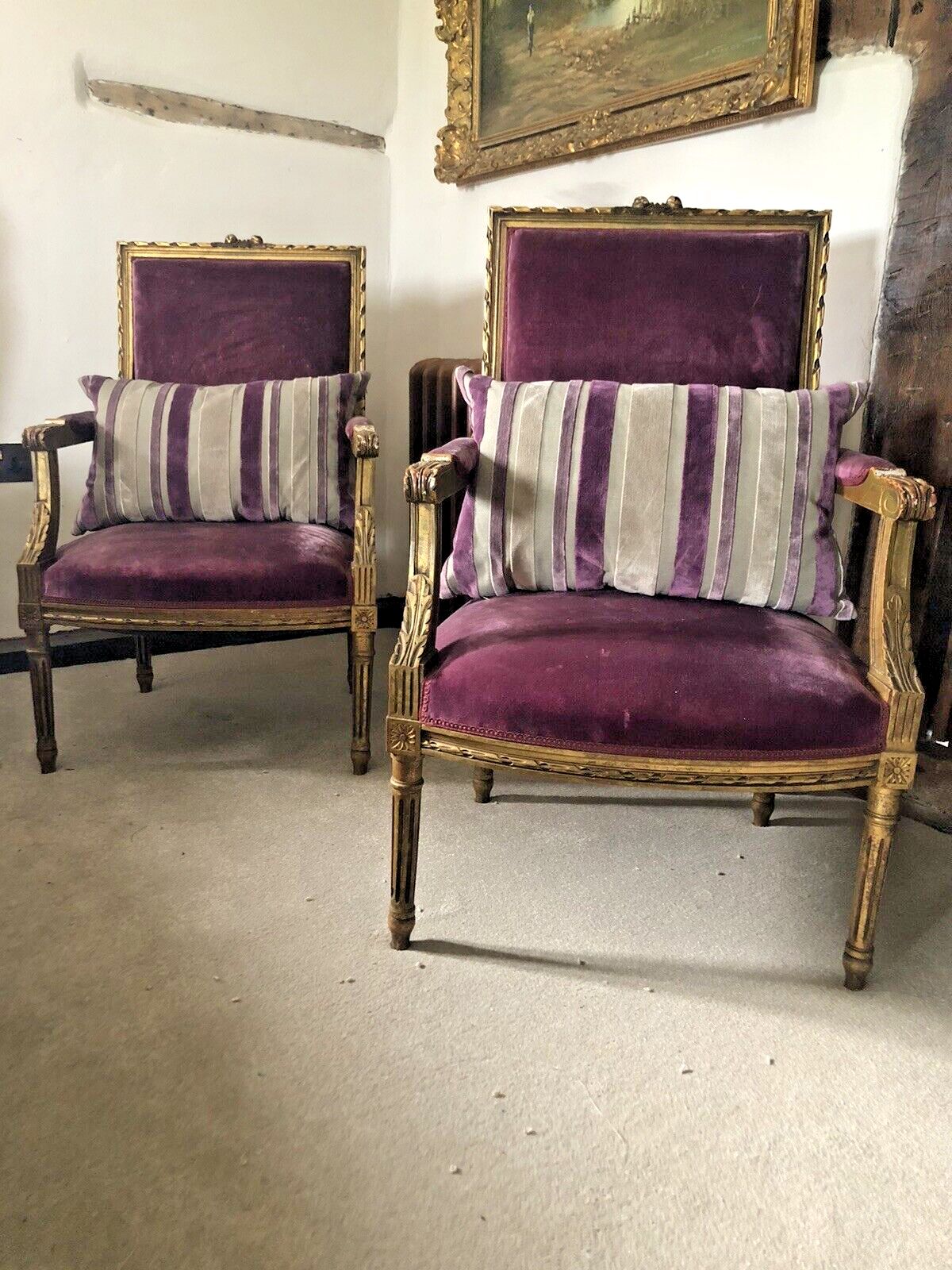 Antique French Empire Orchid Distressed Gold Giltwood Throne Armchairs  C1850