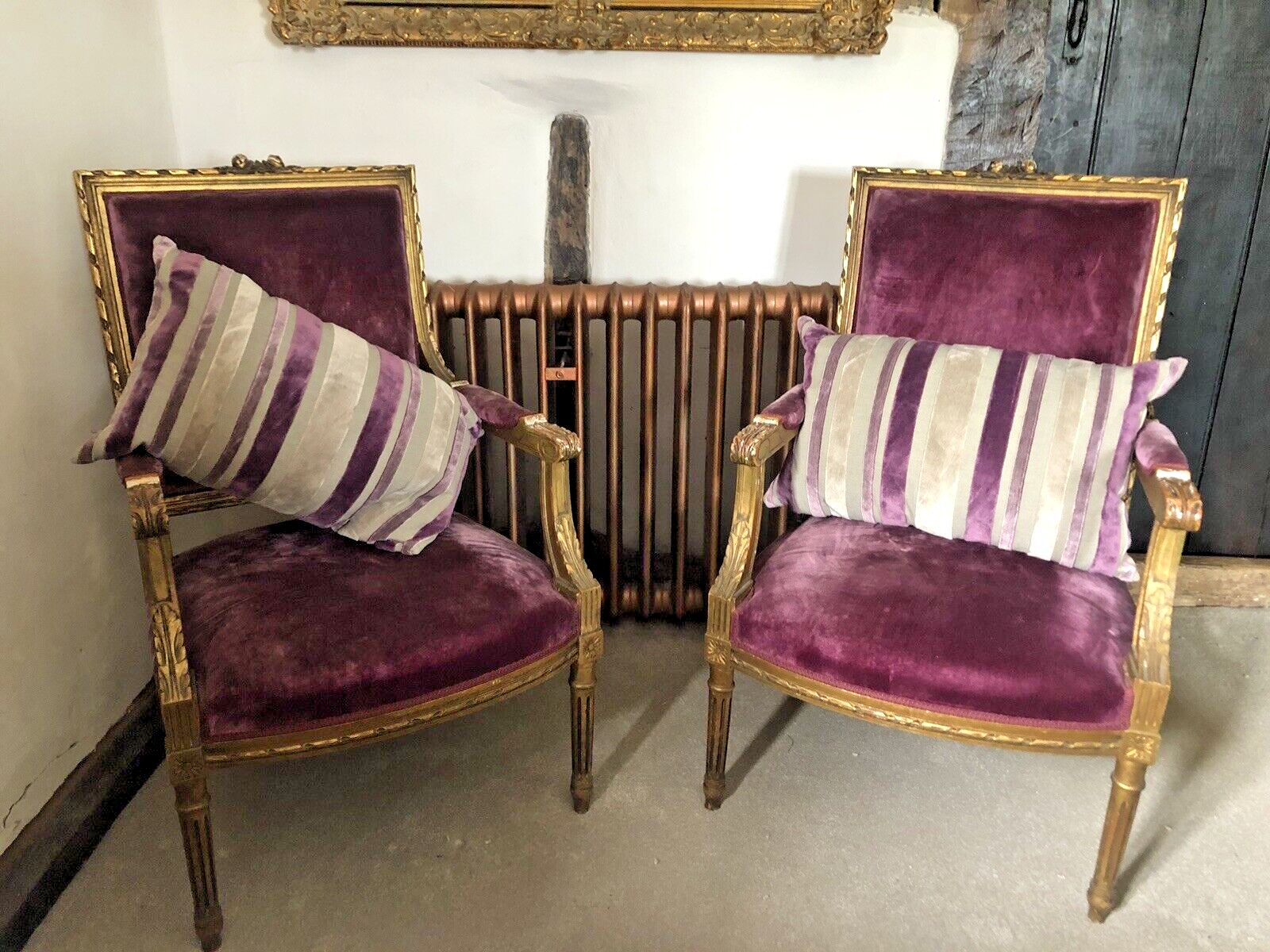 Antique French Empire Orchid Distressed Gold Giltwood Throne Armchairs  C1850 photo furniture