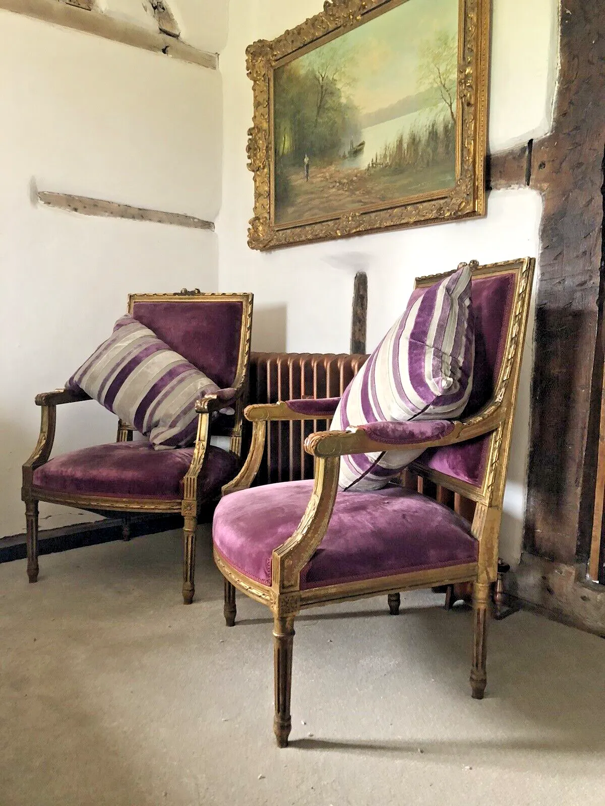 Antique French Empire Orchid Distressed Gold Giltwood Throne Armchairs  C1850 photo for sale