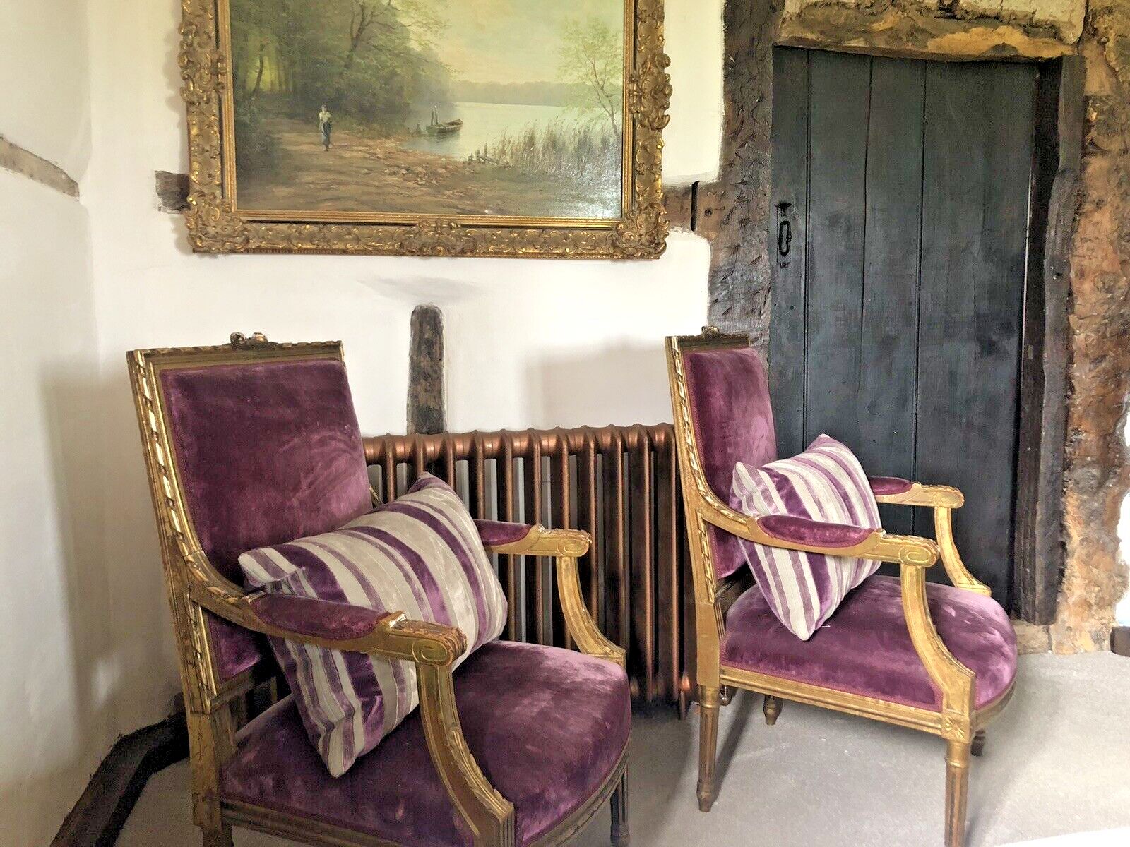 Antique French Empire Orchid Distressed Gold Giltwood Throne Armchairs  C1850 photo Furniture