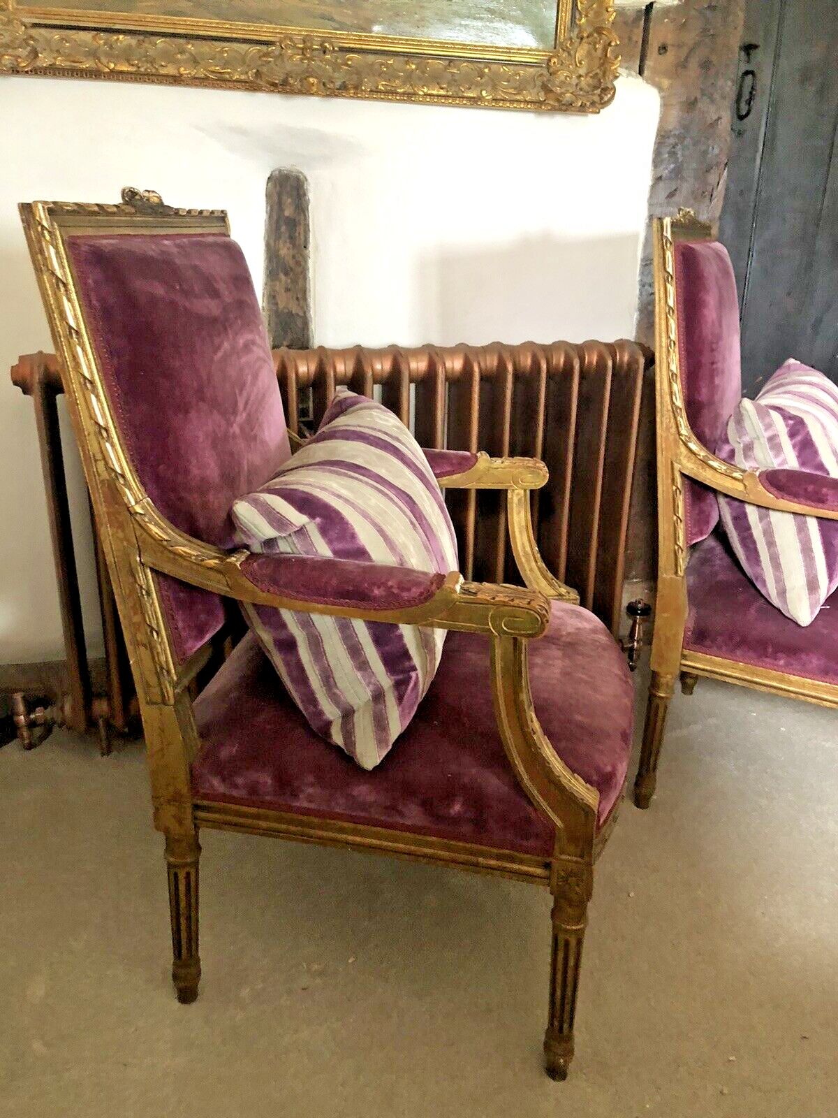 Antique French Empire Orchid Distressed Gold Giltwood Throne Armchairs  C1850 photo 999.0