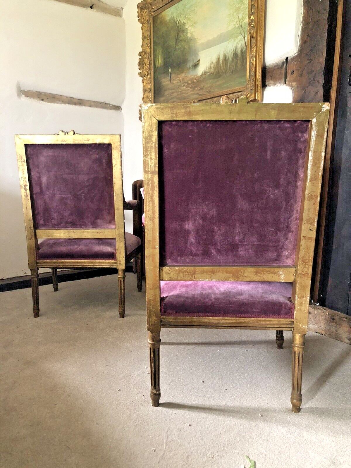999.0 Antique French Empire Orchid Distressed Gold Giltwood Throne Armchairs  C1850 photo