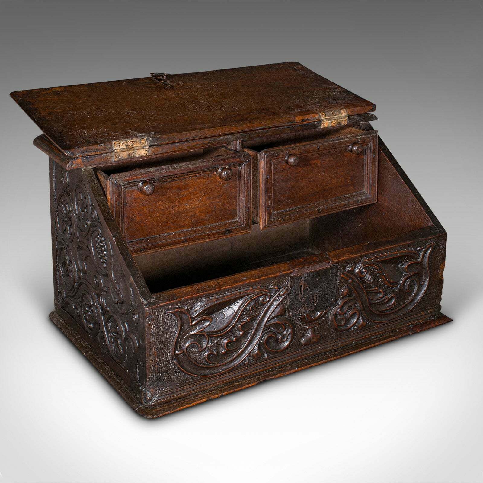 Antique Verger's Bible Box, English, Oak, Carved, Ecclesiastical, William III photo furniture