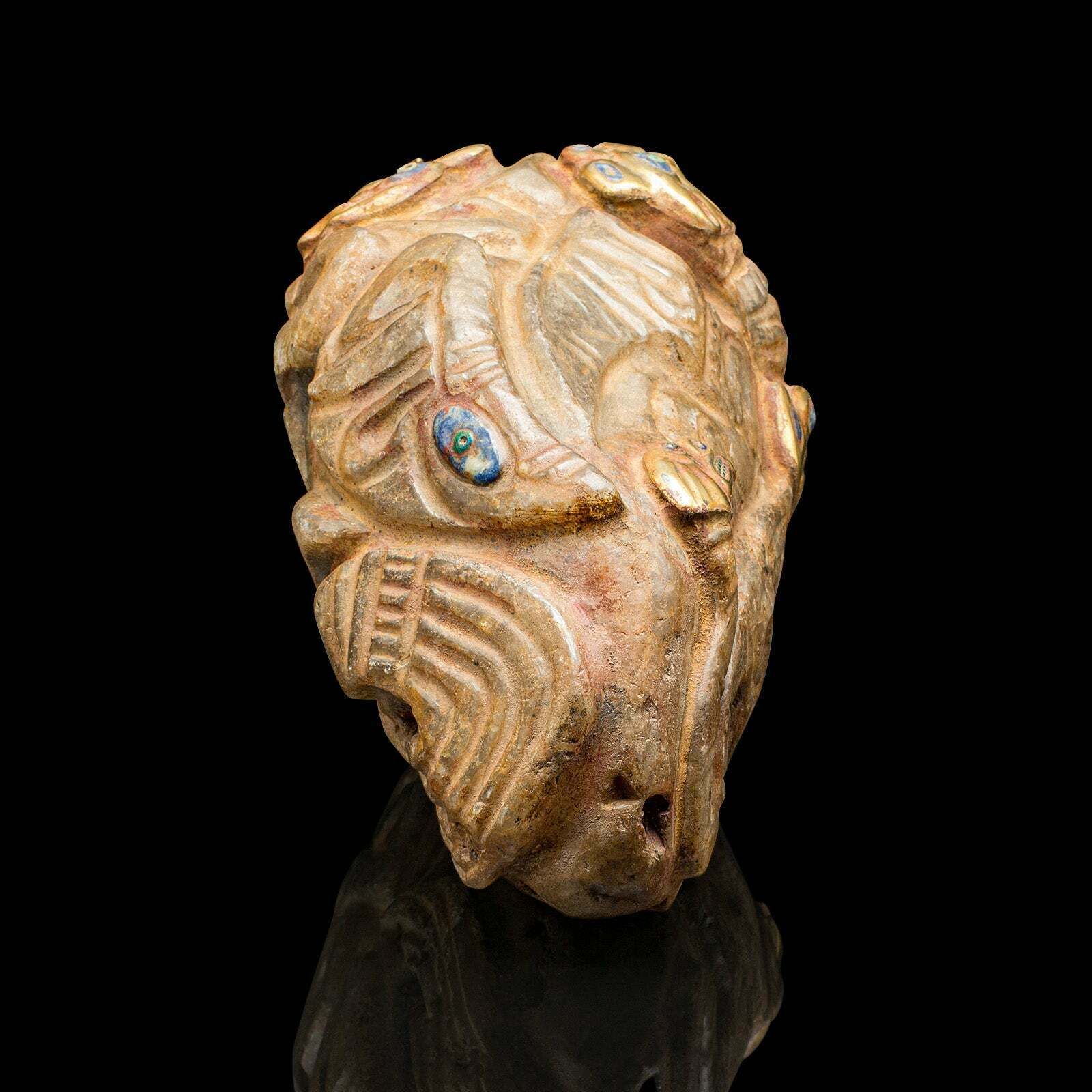 Heavy Vintage Deity Head, South American, Carved Crystal, Gilt Metal, Artefact photo vinterior