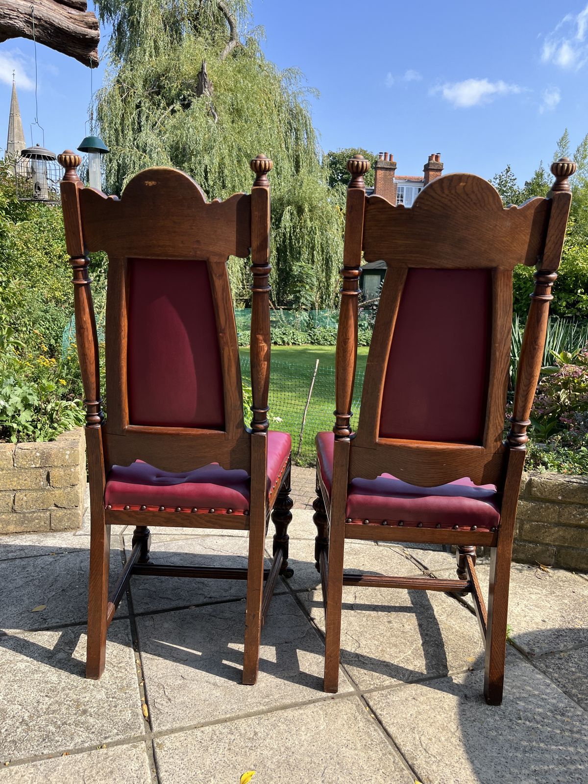 2 Edwardian Style Chairs With Red Leather And Ornate Carvings