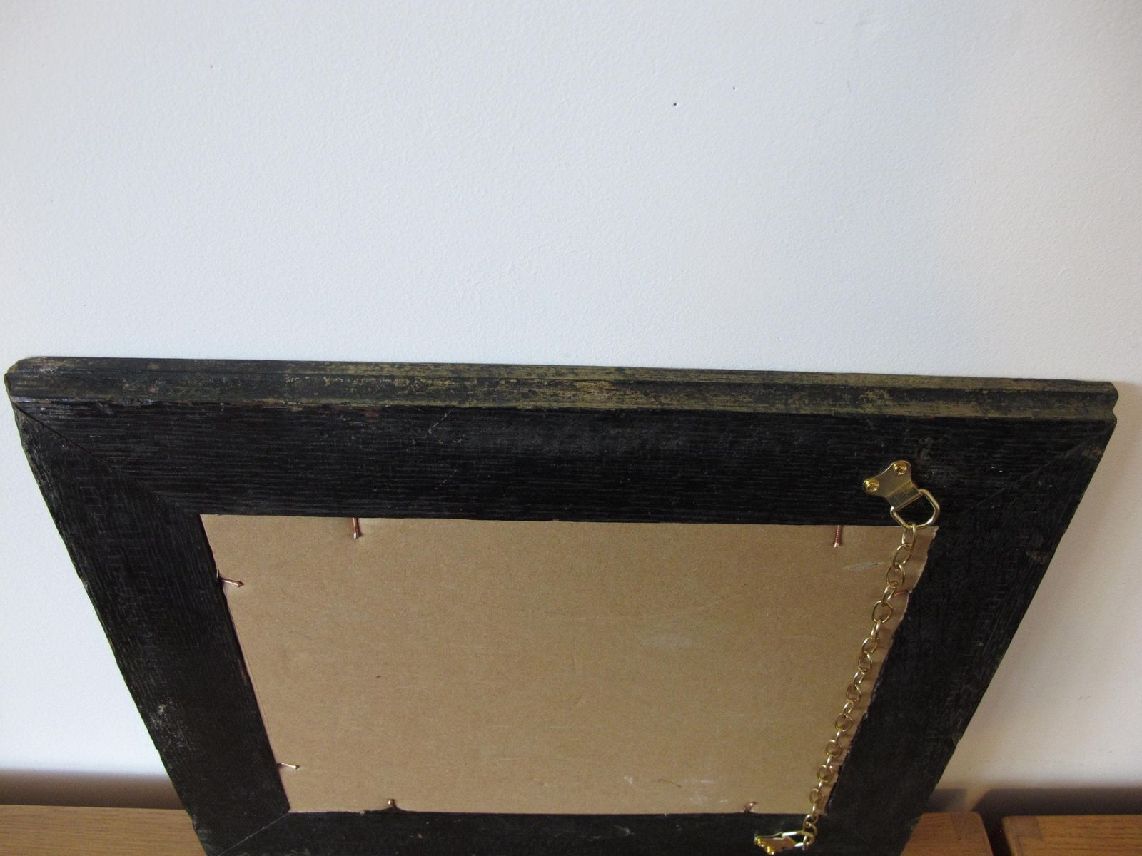 Antique, Arts And Crafts, Rectangular Oak Framed Mirror. Worn Gold Paint   Ready To Hang With New Chain. photo buy