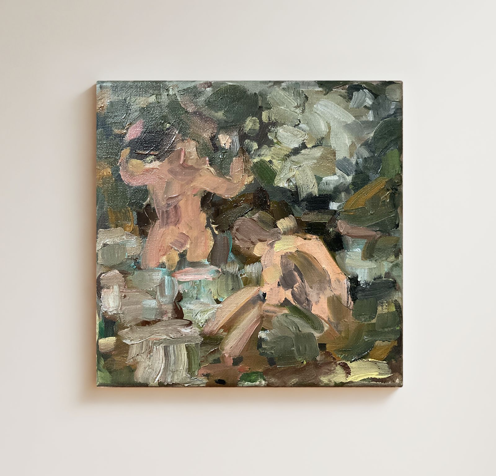 Original Oil Painting Bathers Abstract Landscape Cool Water Signed Roth 8 X 8 Inches