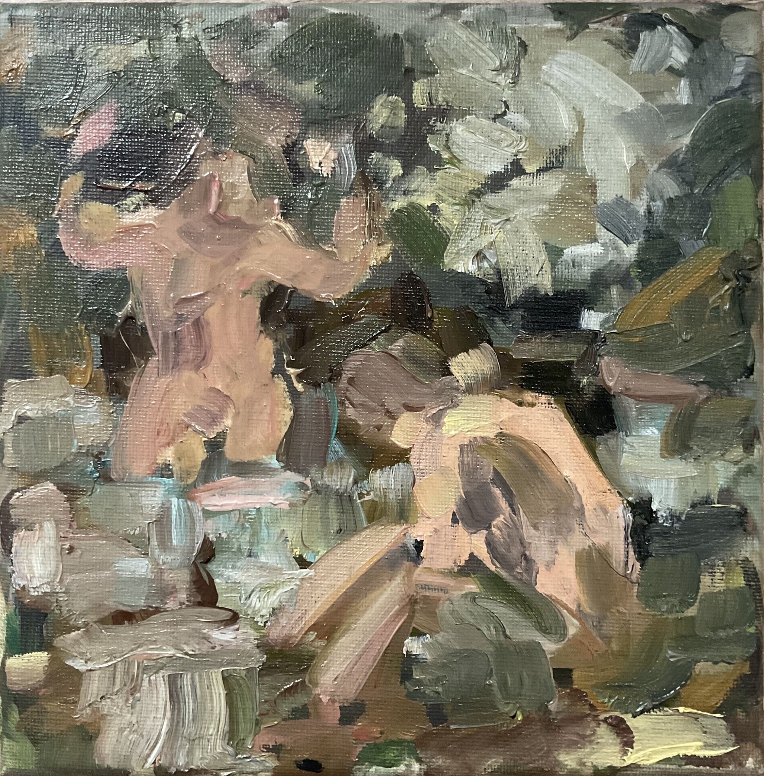 Original Oil Painting Bathers Abstract Landscape Cool Water Signed Roth 8 X 8 Inches photo for sale