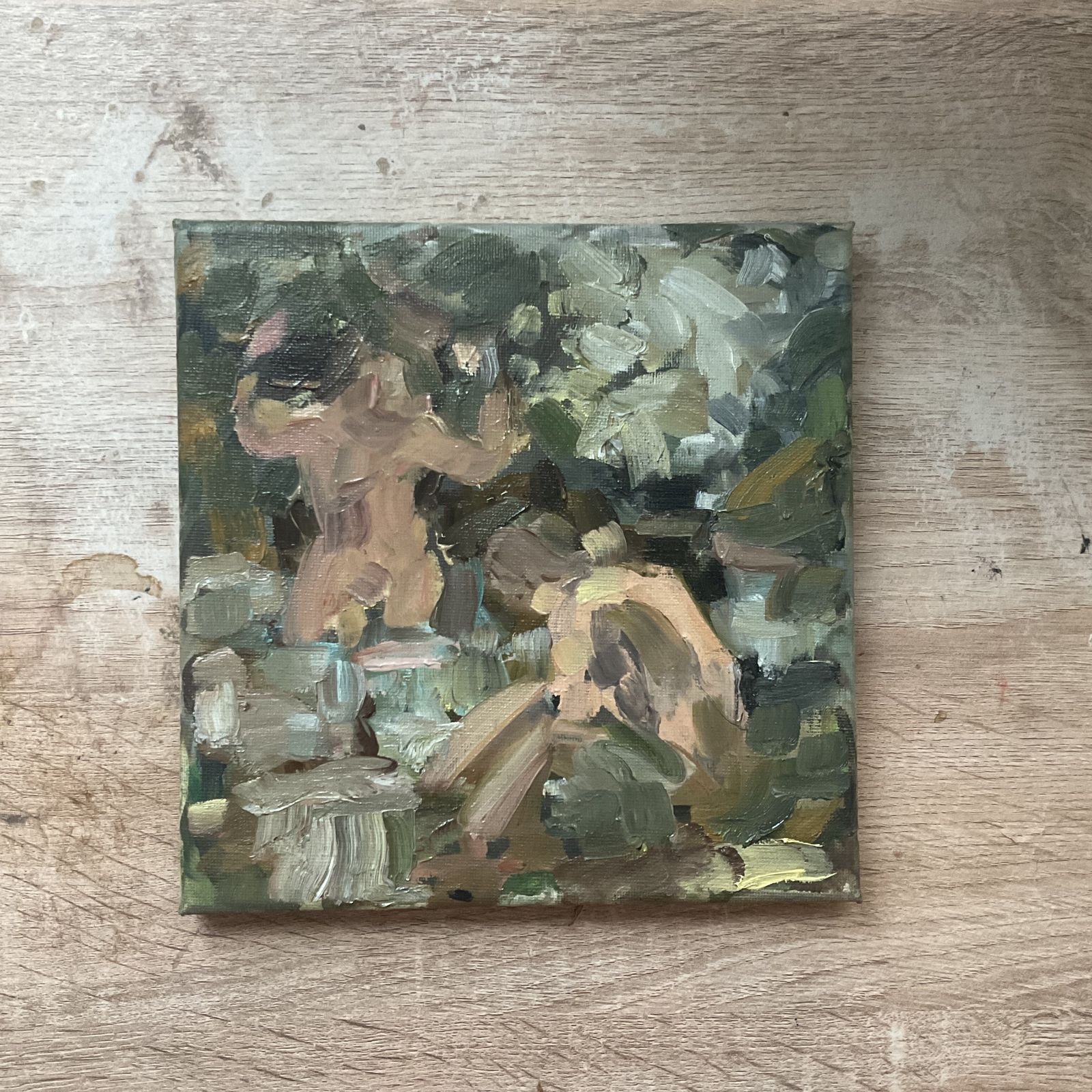 Original Oil Painting Bathers Abstract Landscape Cool Water Signed Roth 8 X 8 Inches photo 600.0