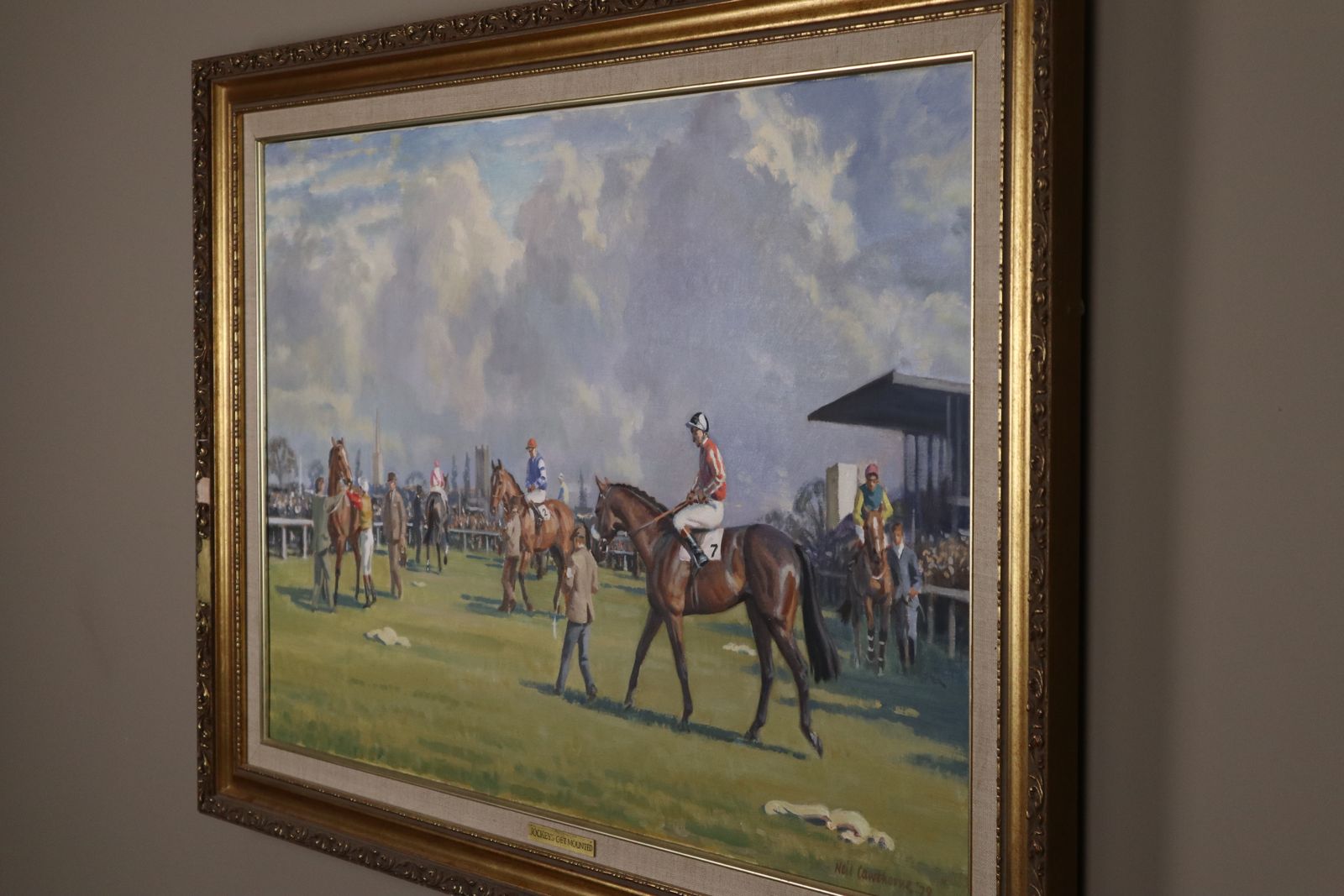 'Jockeys Get Mounted' By Neil Cawthorne ( 1936 2022) Framed Oil On Canvas Original Painting photo for sale