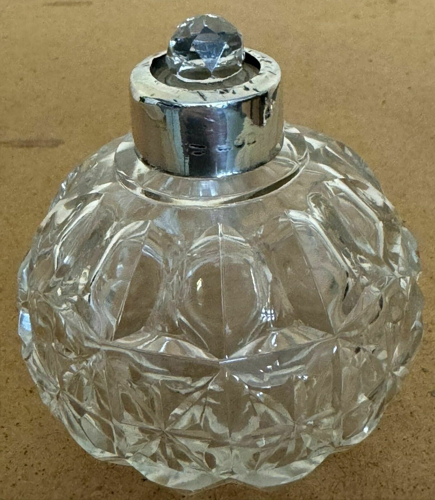 Art Deco Antique Sterling Silver Perfume Bottle In Round Cut Glass Crystal photo buy
