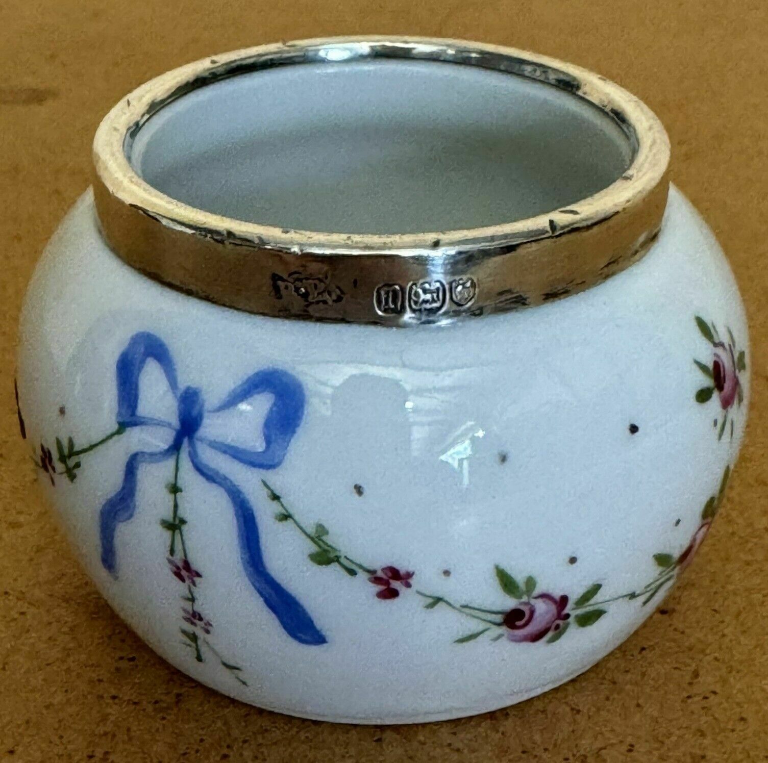 Minature Robert Pringle Antique Porcelain Trinket Pot With Sterling Silver Trim photo vintage