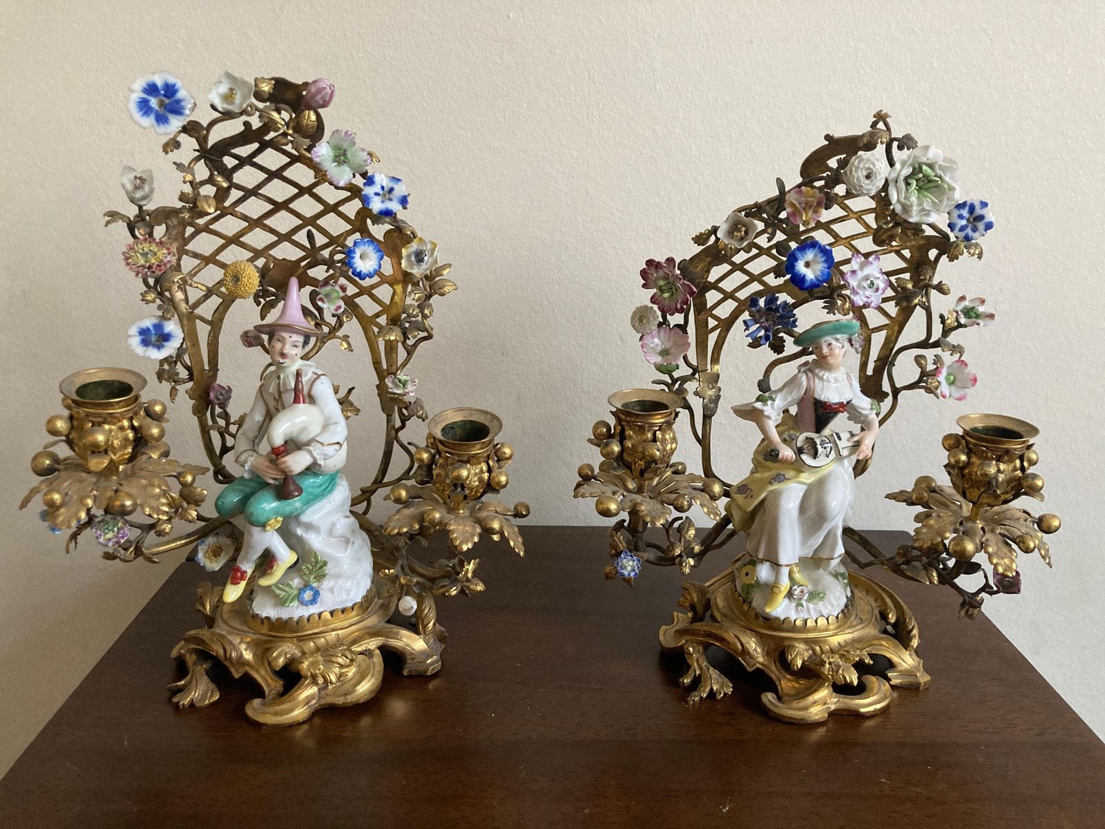 Meissen Pair Of Musicians Seated In Ormolu Candelabra photo furniture