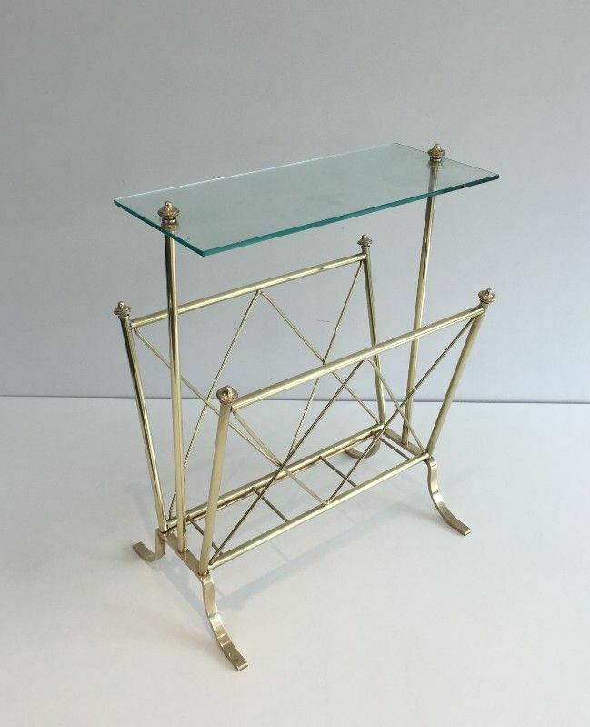 Neoclassical Style Brass Magazine Rack With Glass Shelf By Maison Jansen