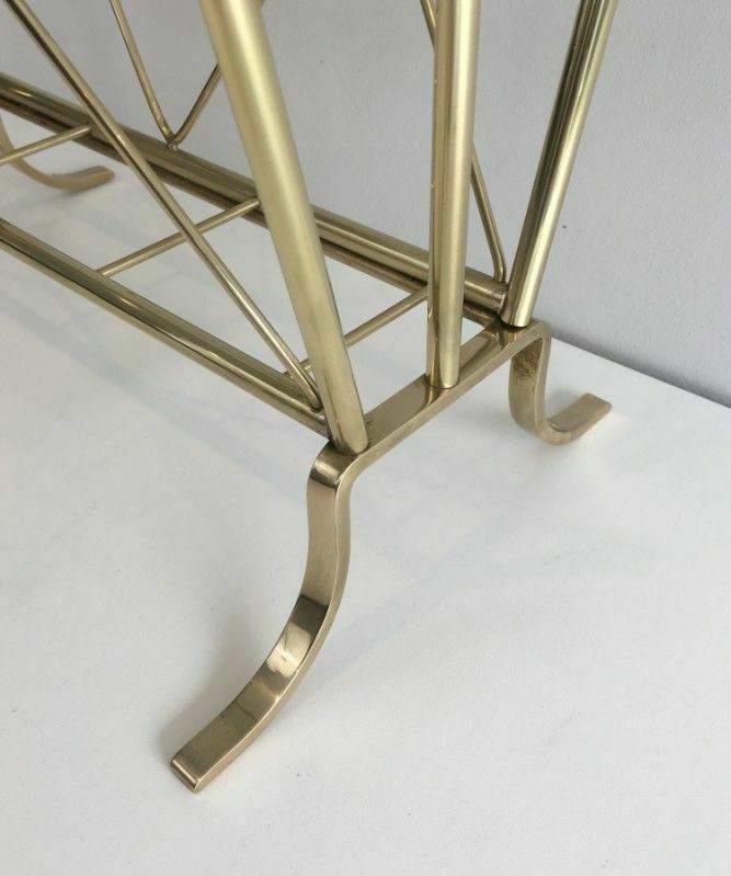 Neoclassical Style Brass Magazine Rack With Glass Shelf By Maison Jansen photo vintage
