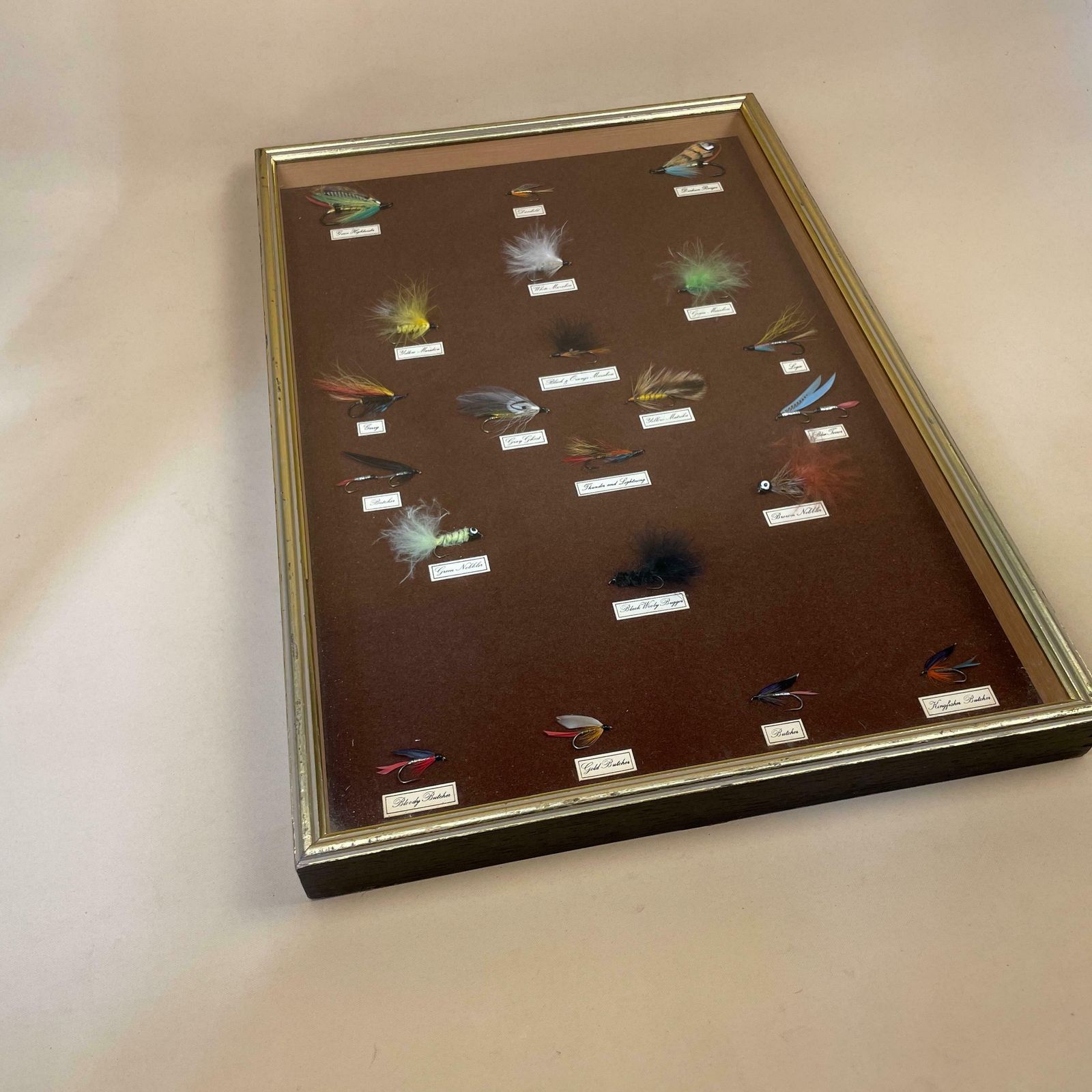 Framed Fishing Flies Lures Display Vintage Antique Boat Wall Art X21 Pieces Gold Frame photo furniture