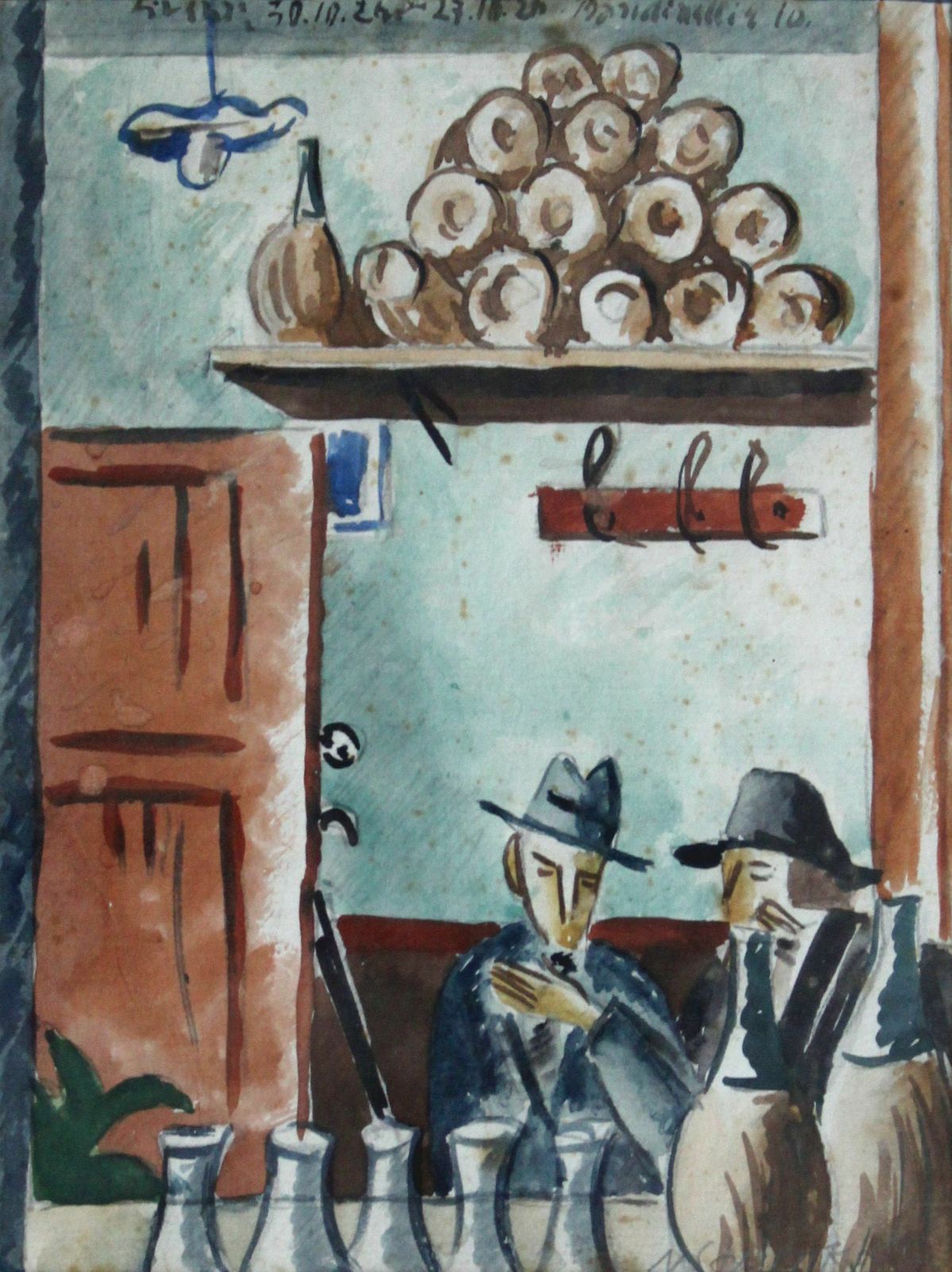 Niklavs Strunke (1894   1966, Latvian, Polish, Italian).  At Cafe. Mixed Media On Paper, 18. 5 X 14 Cm