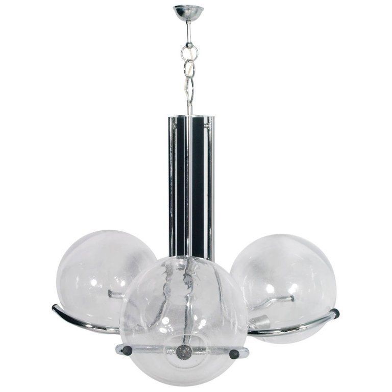 1970s Mazzega Murano Glass Pendant Chandelier, 3 Lights And Chromed Black Steel